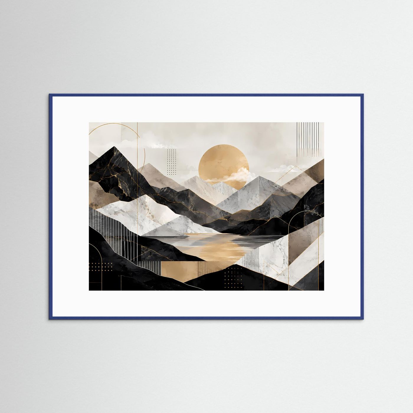 Gerahmtes Poster: abstrakte Berge, See und goldene Sonne, Blau-Rahmen