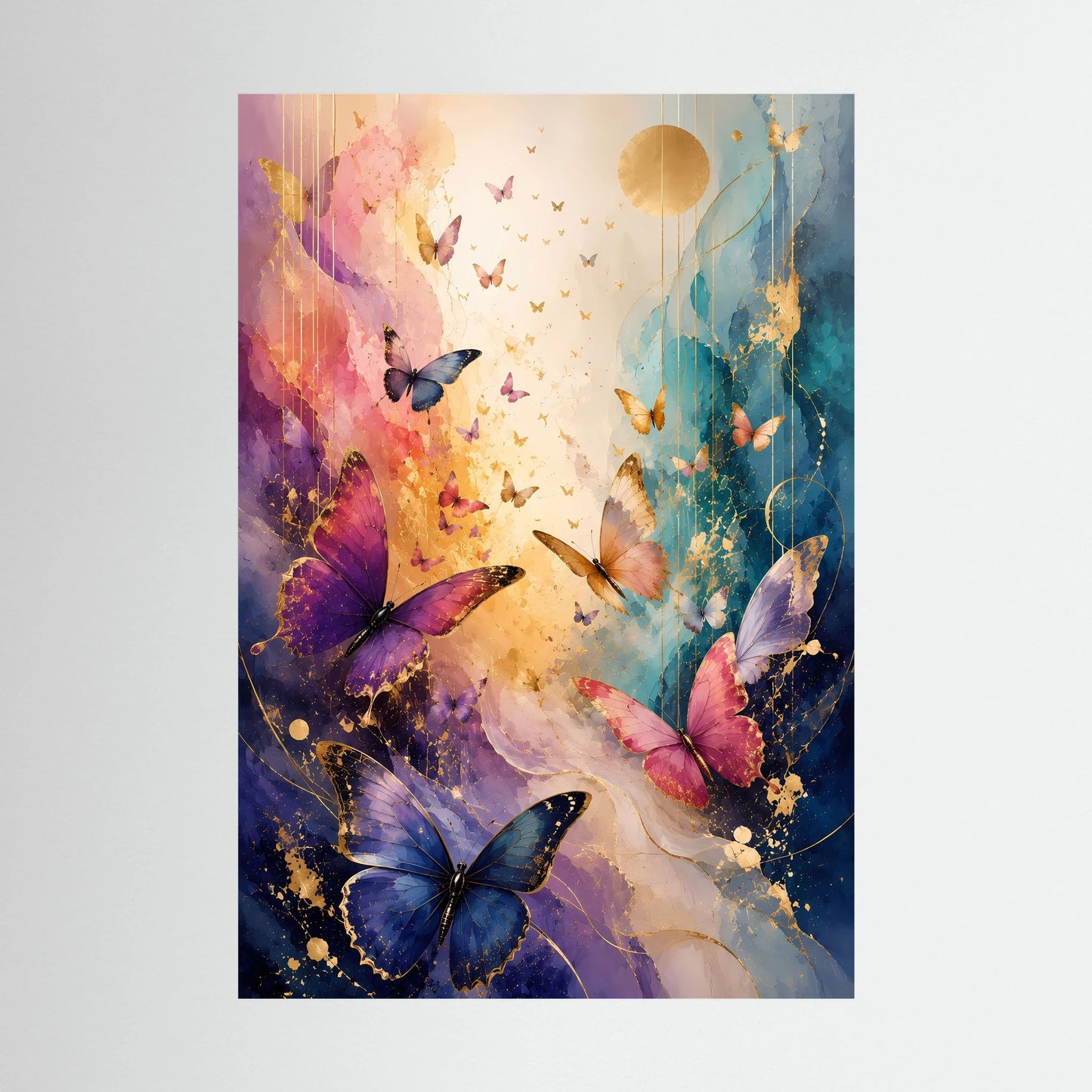 Hochformat-Poster mit bunten Schmetterlingen in Blau, Rosa und Gold, abstrakt mit runden Akzenten.