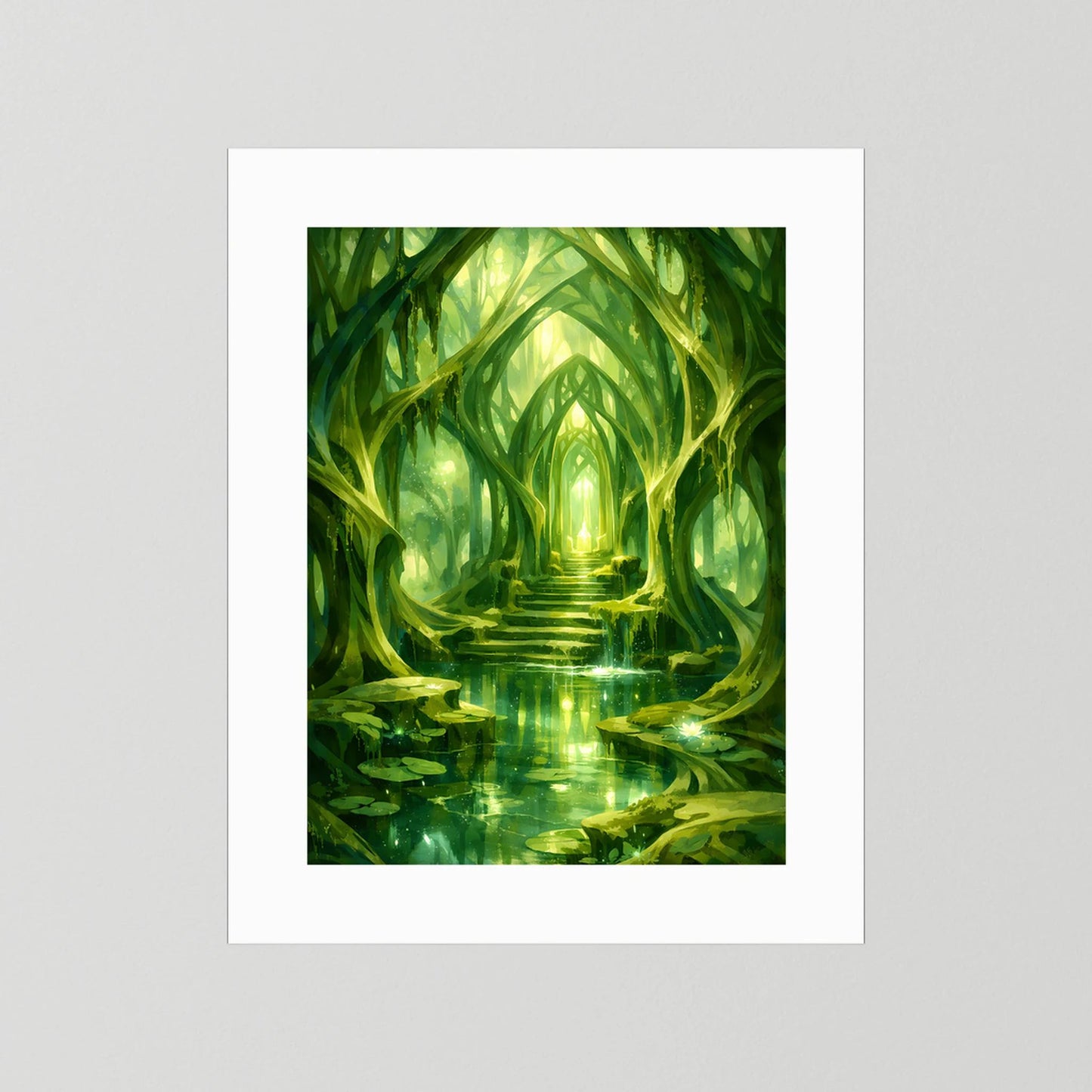 Kunstposter ohne Rahmen mit weißem Rand und grünem Waldtempel-Motiv