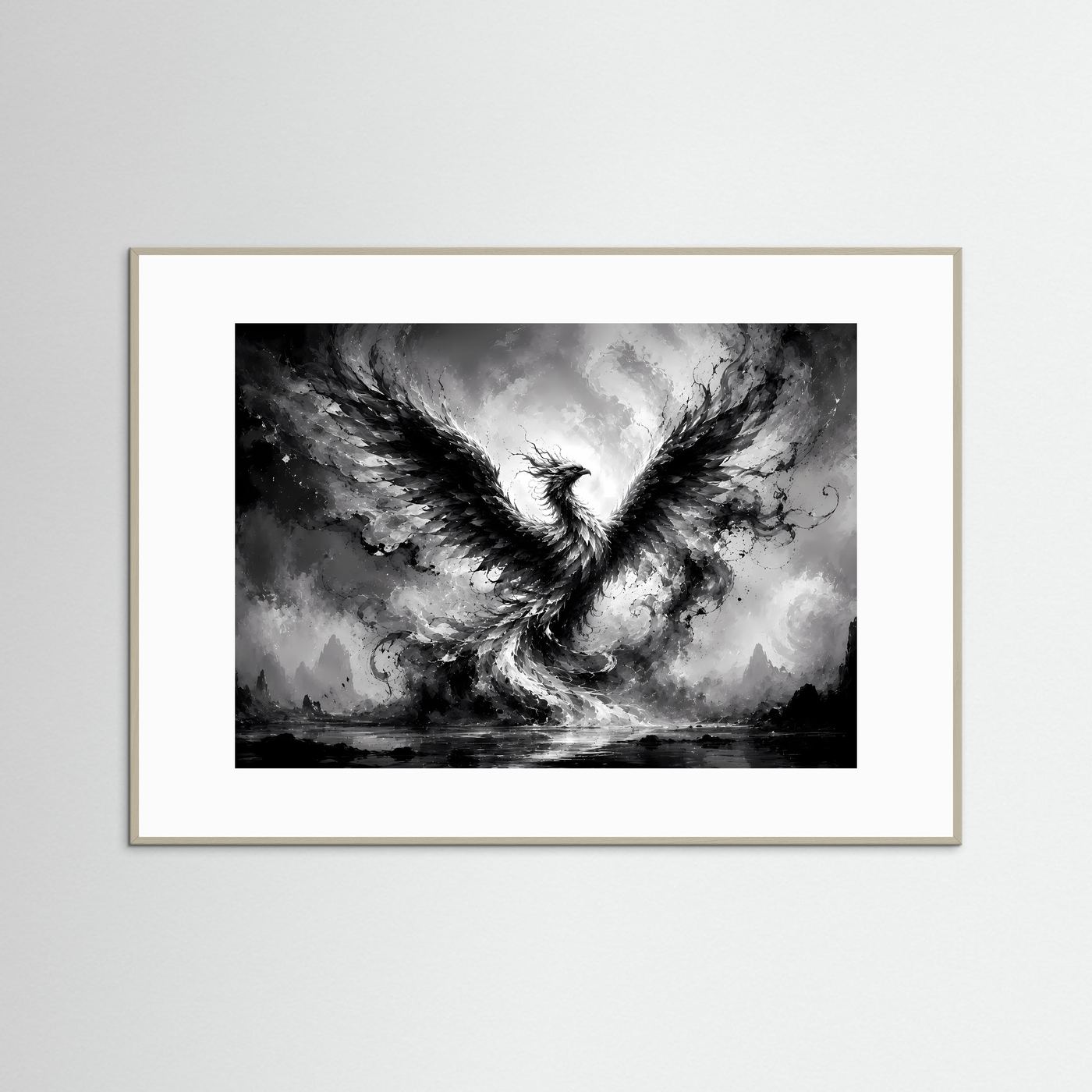 Phönix aus Licht und Schatten | Mystische Schwarz-Weiß Wandkunst – Abstrakter Feuervogel