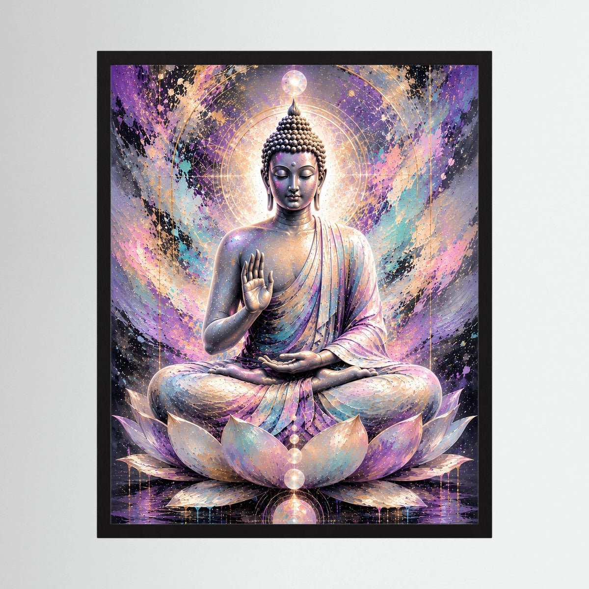 Gerahmtes Poster mit Buddha in Meditation auf Lotusblüten, pastellfarbene Aura im schwarzen Rahmen