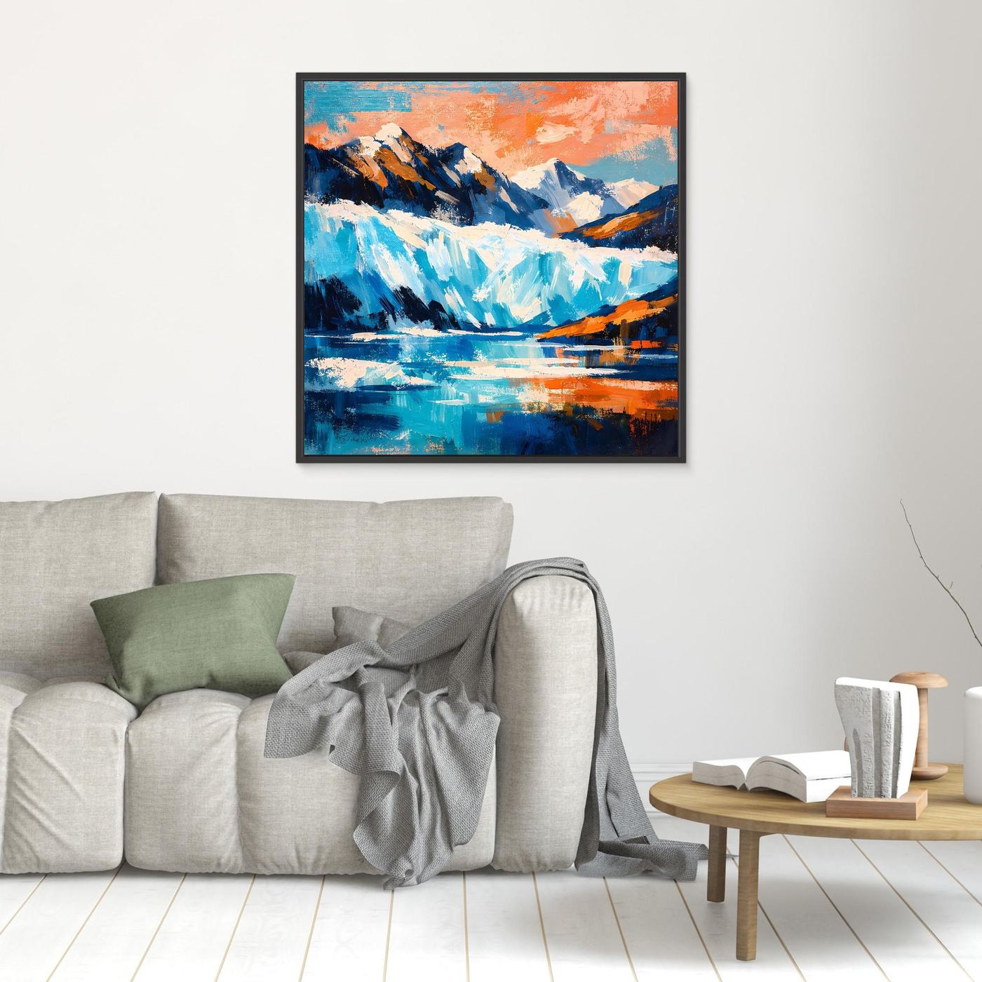 Abstraktes Leinwand-Wandbild mit Gletscher- und Bergmotiven, orange-blaue Farbflächen, schwarzer Rahmen