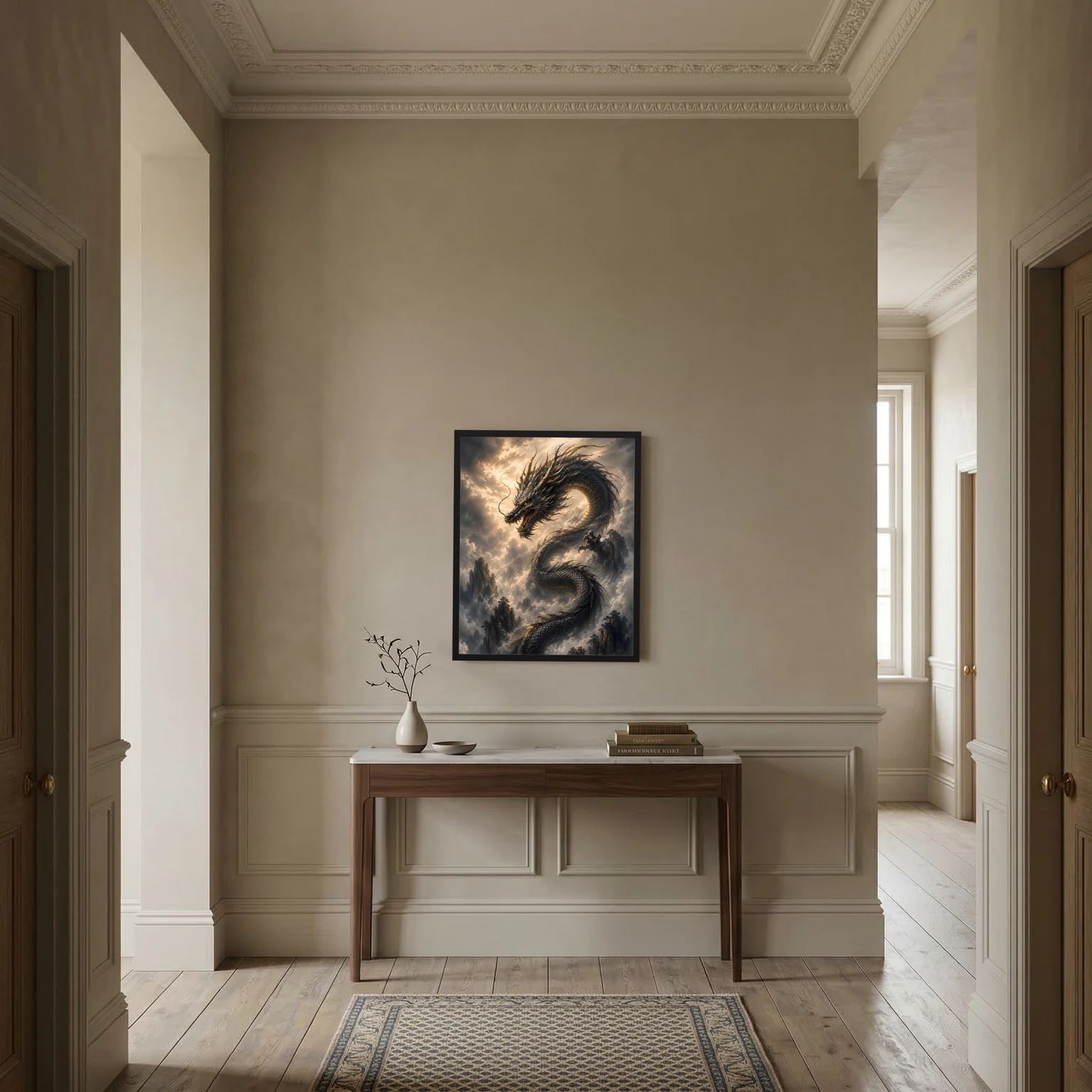 Wandbild mit schwarzem asiatischem Drachen im schwarzen Rahmen