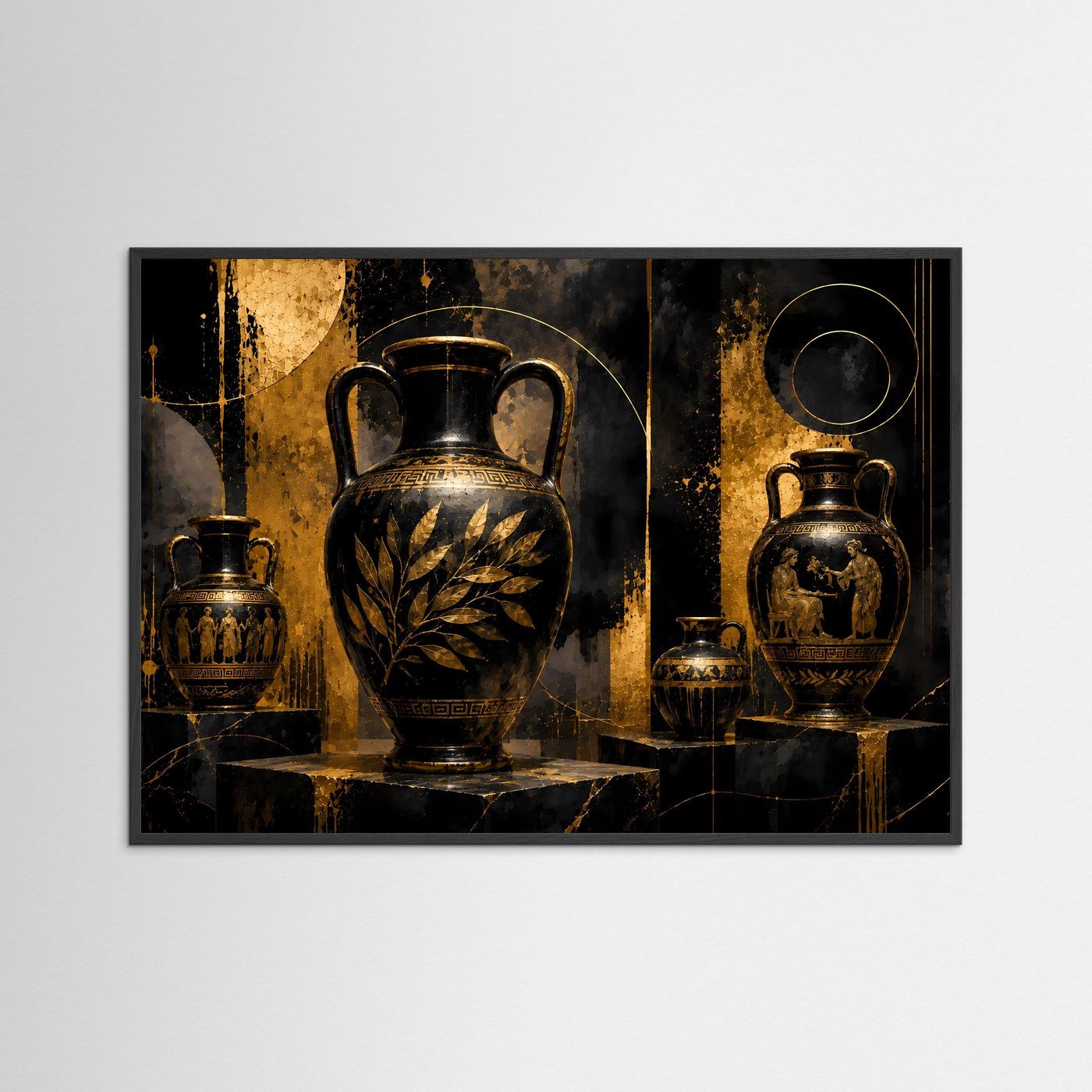 Griechische Vasen-Wandkunst: schwarze Amphoren mit Goldornamenten, mit schwarzem Holzrahmen.