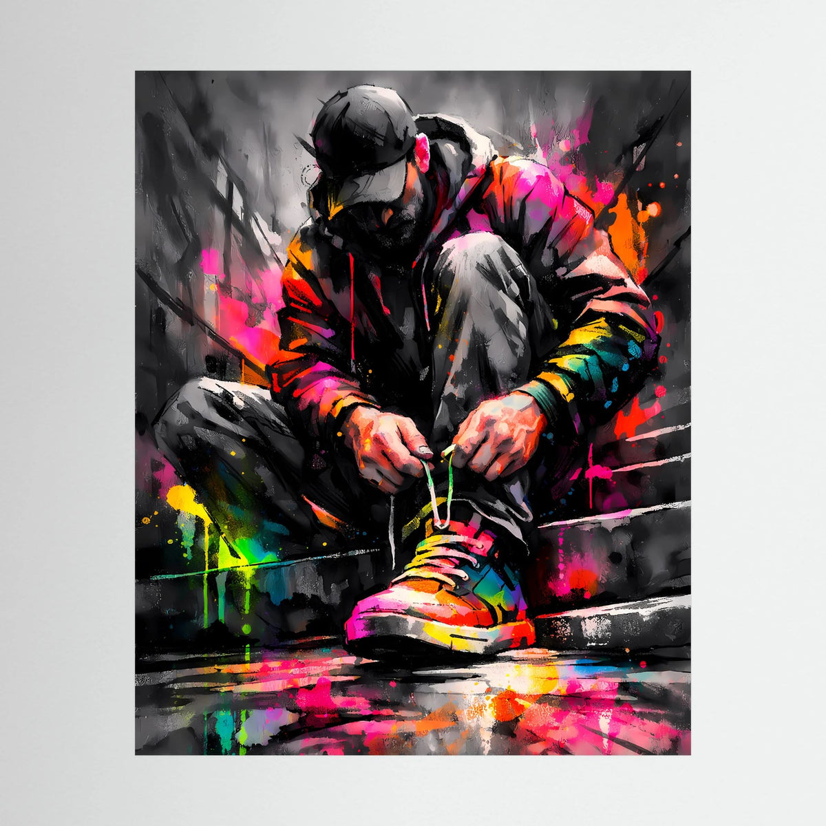 Hochkantposter mit Sprühkunst: Person mit Kopfhörern und bunten Sneakers, Farbkleckse