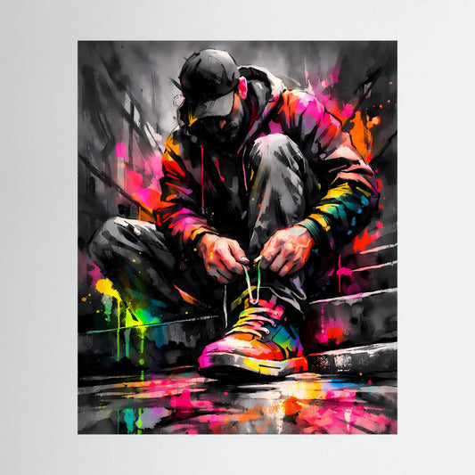 Hochkantposter mit Sprühkunst: Person mit Kopfhörern und bunten Sneakers, Farbkleckse