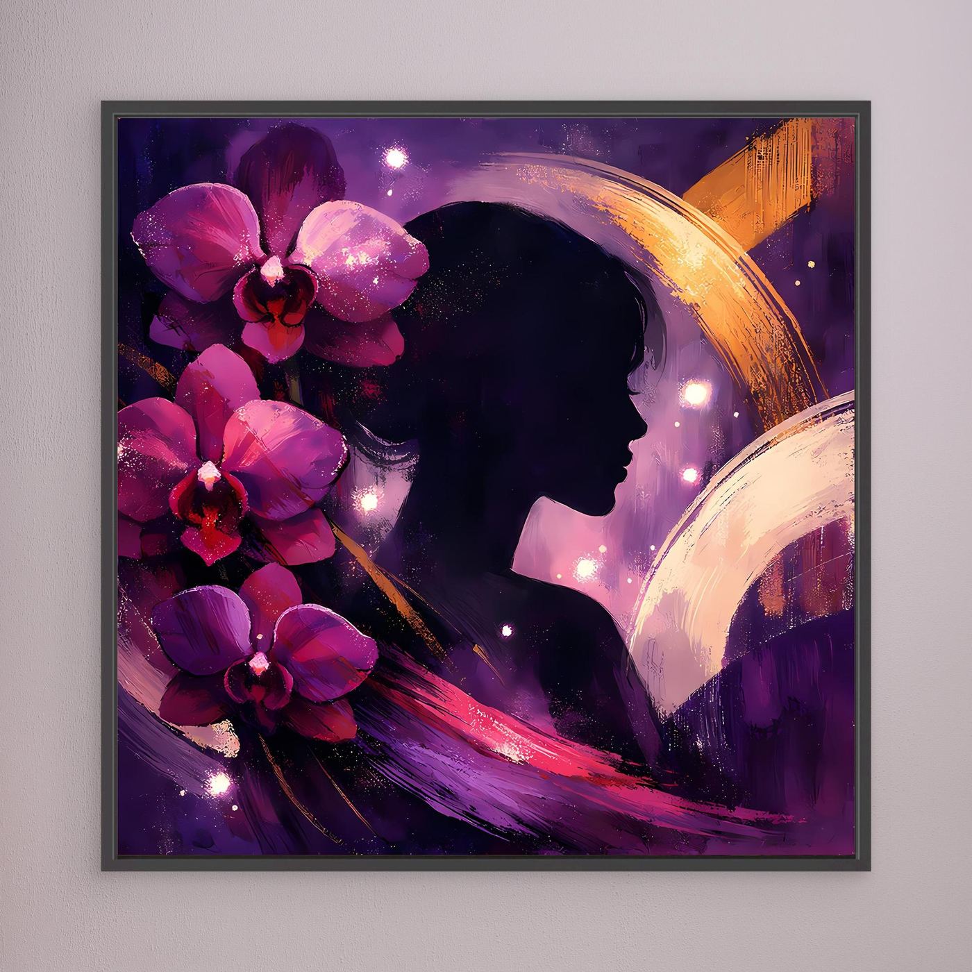 Abstraktes Leinwandbild mit Frauensilhouette und Blumen, dunkler Rahmen