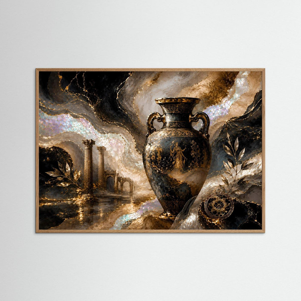 Bild mit antiker Amphore in Schwarz und Gold, naturfarbener Eichenrahmen