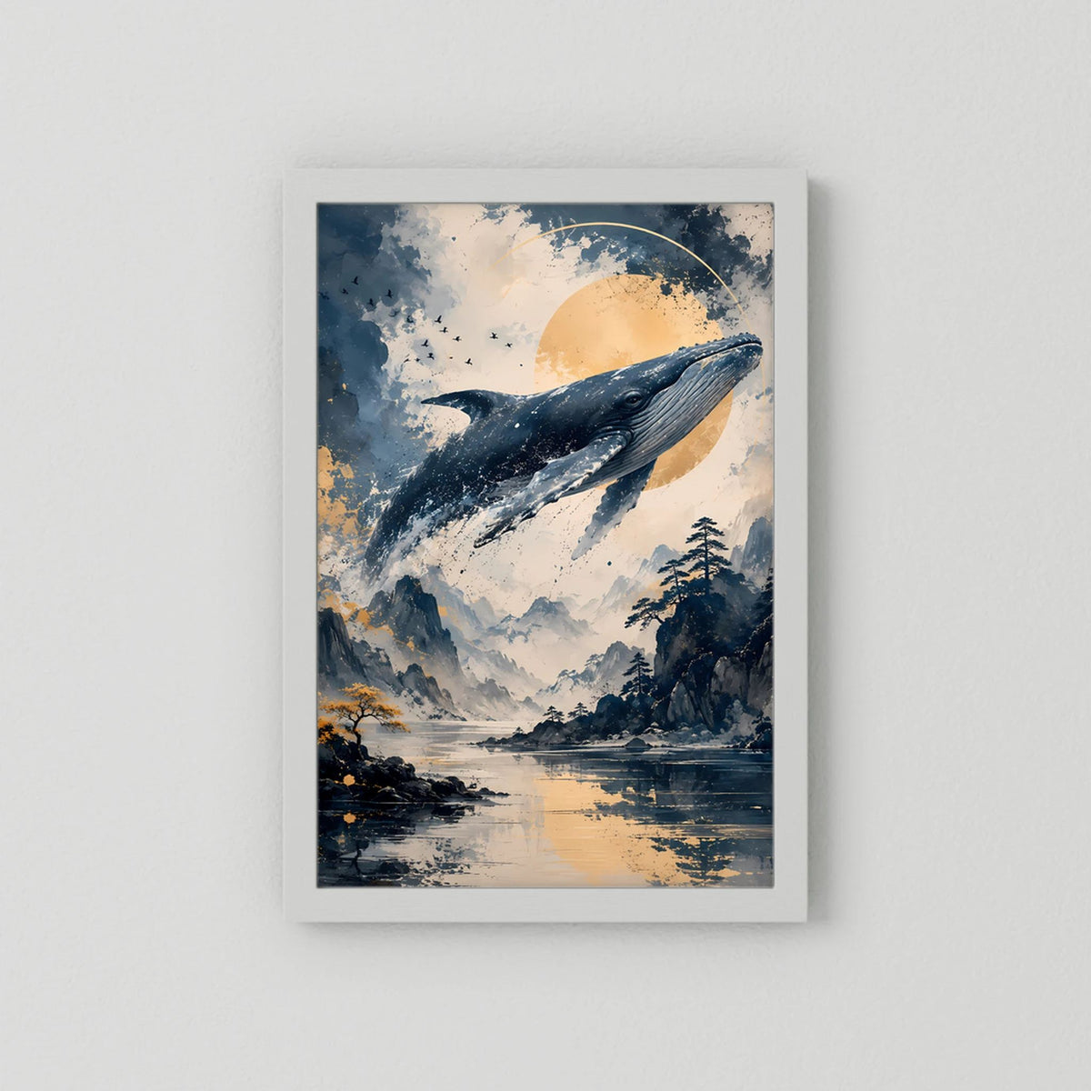 Poster im Hochformat mit Wal und Mond über Wasser, moderne Blau-Creme-Grafik
