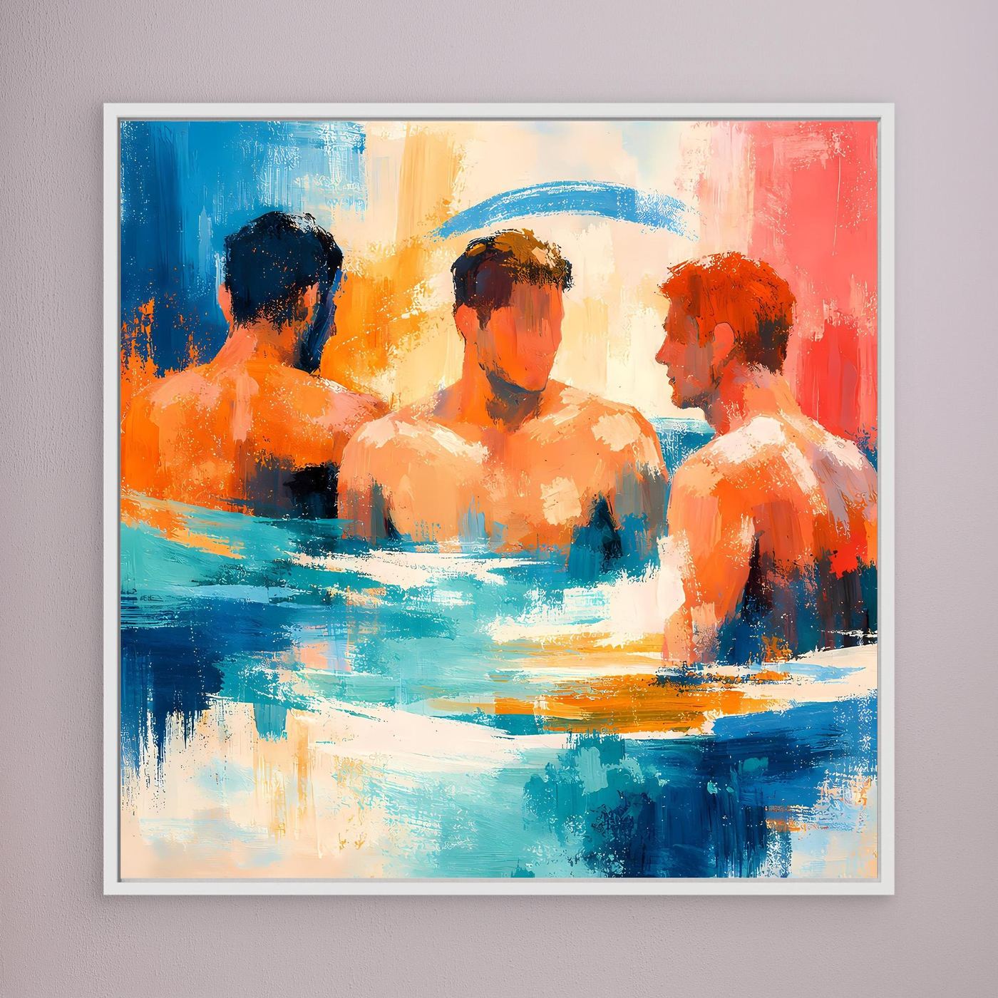 Abstract canvas wall art with three swimming figures in blue, orange, and red; white frame
