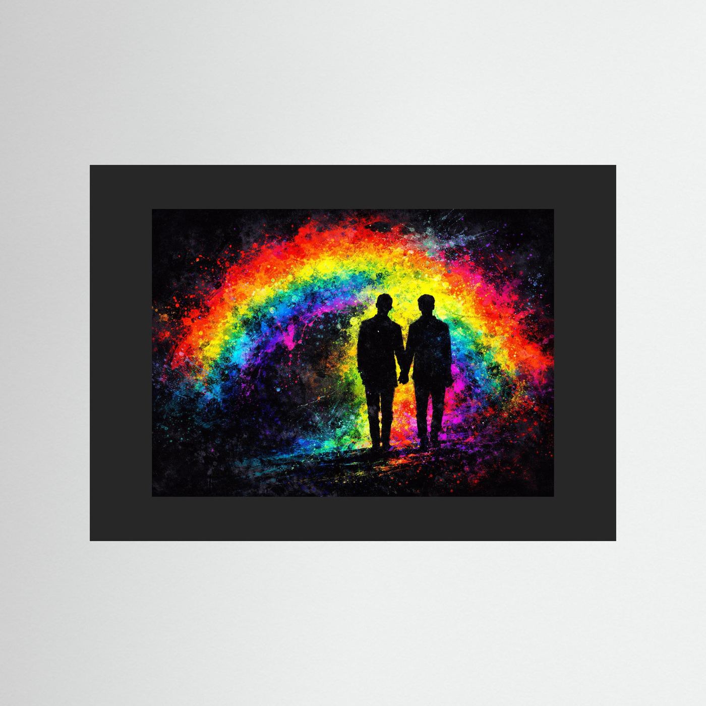 Gerahmtes Wandbild: zwei Silhouetten im Regenbogenlicht, schwarzer Rahmen