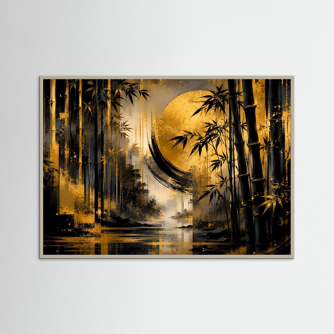 Wandbild im grauen Rahmen: goldener Bambuswald in Schwarz mit leuchtendem Mond