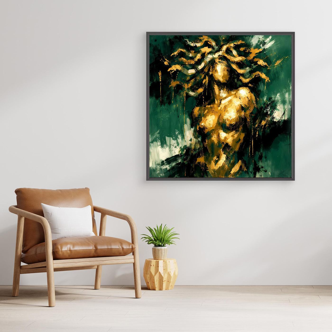Leinwand Mystische Medusa in Smaragdgrün | Abstraktes Mythologie Wandbild Gold