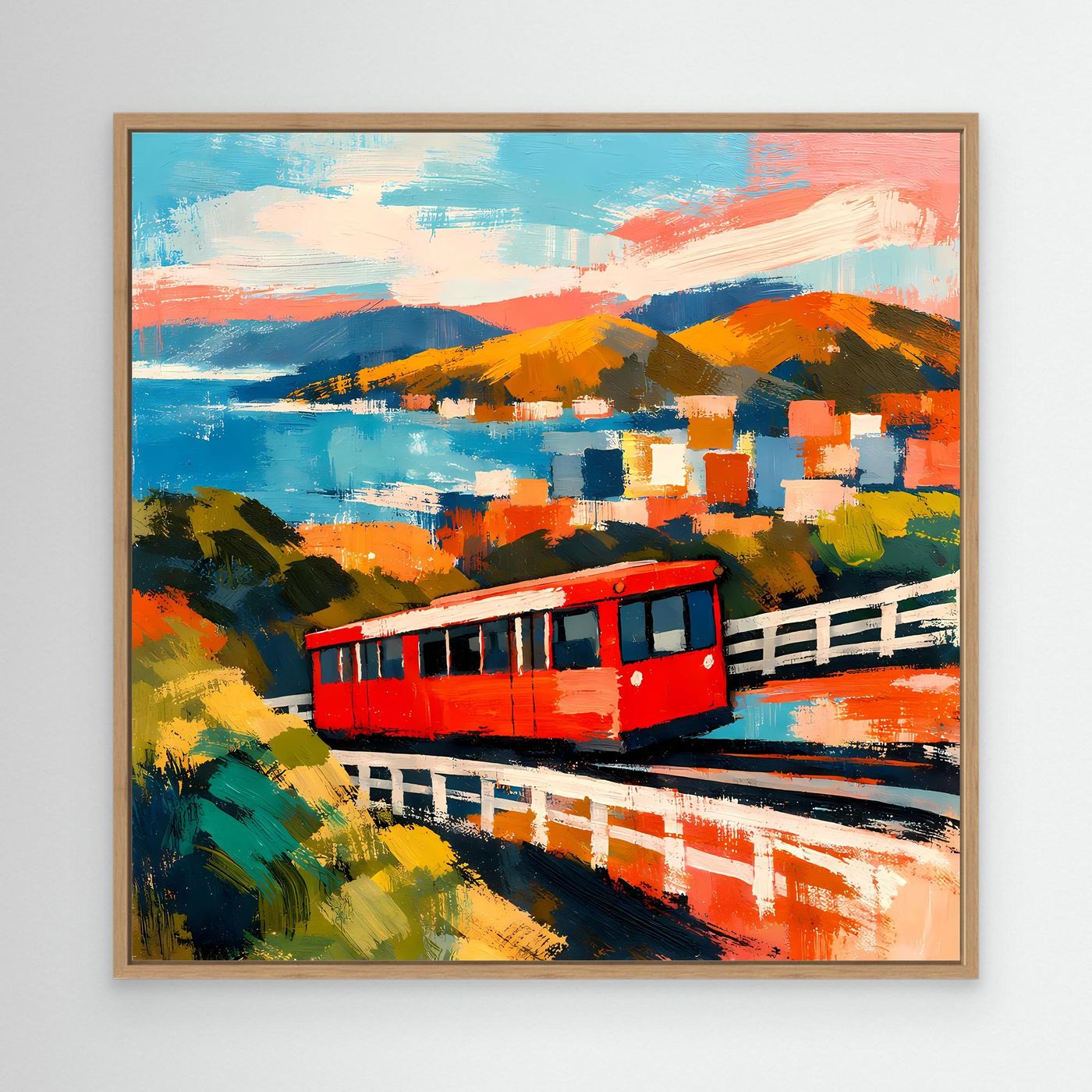Leinwand-Wandbild: rote Seilbahn im Eichenholzrahmen, abstrakte Küste und Hügel