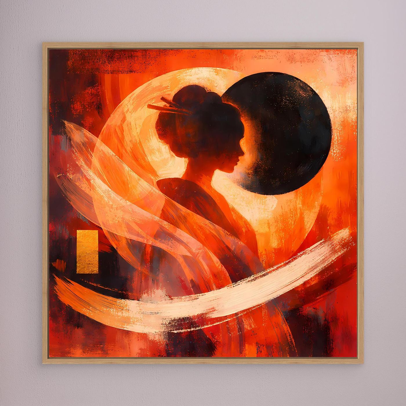 Abstraktes Leinwand-Wandbild mit Geisha-Silhouette im hellen Holzrahmen