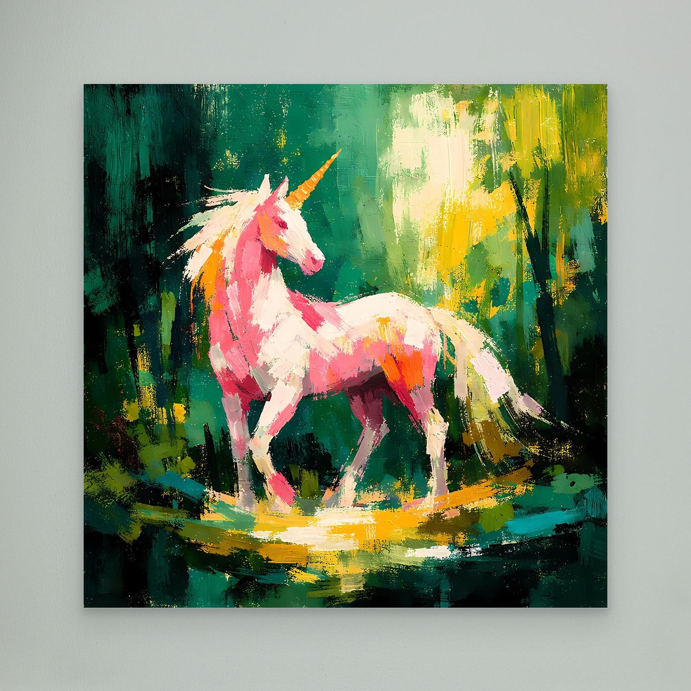 Leinwand Anmutiges Einhorn im Zauberwald | Abstraktes Fantasy & Natur Wandbild