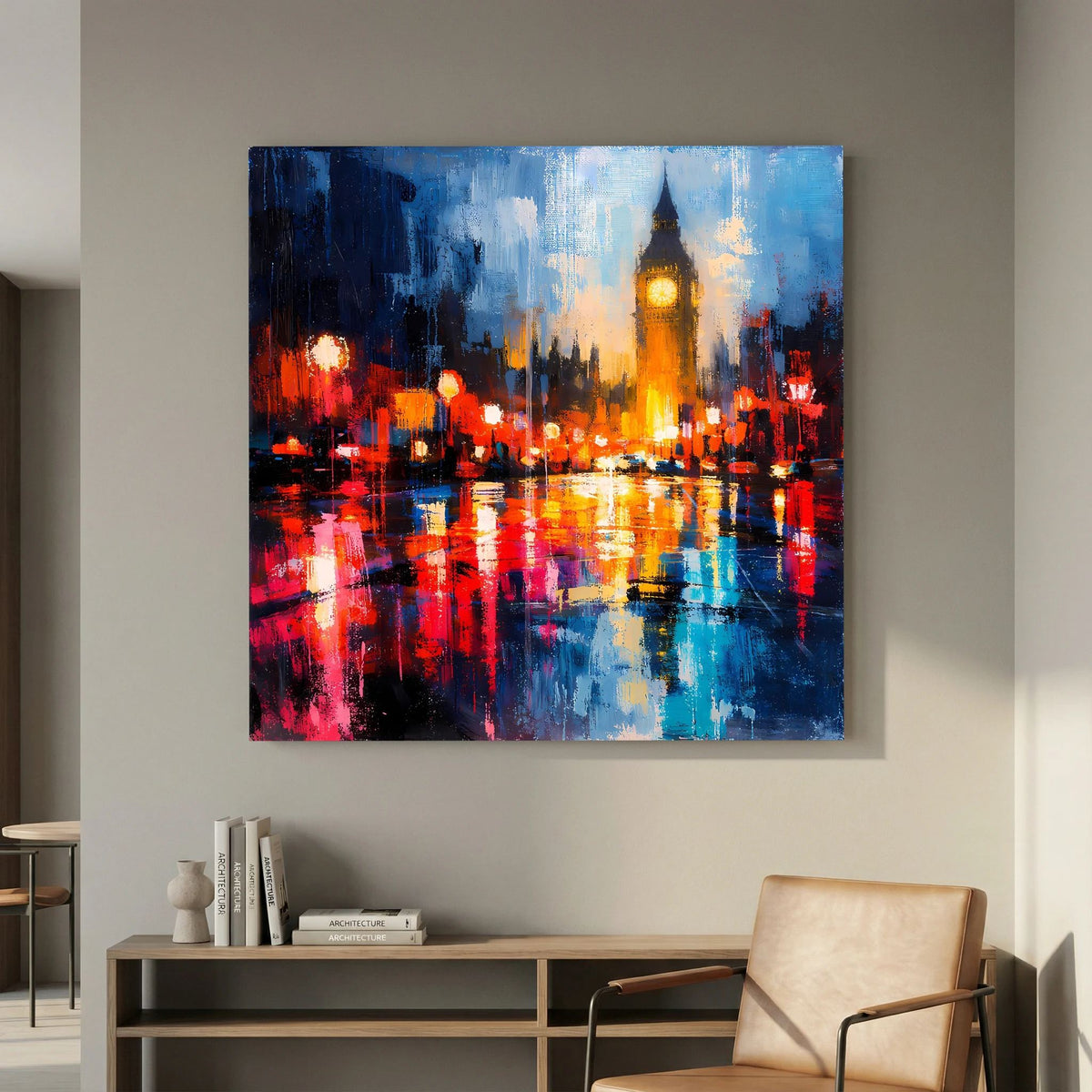 Leinwand Abstraktes Big Ben London Gemälde | Modernes Urbanes Wandbild bei Nacht