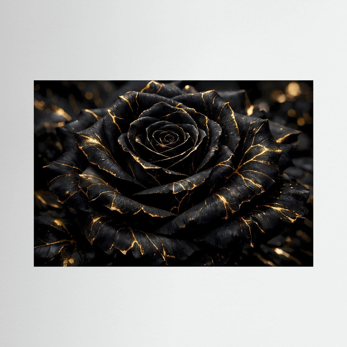 Wandbild mit schwarzer Rose und goldenen Adern, abstraktes Detailmotiv im Querformat
