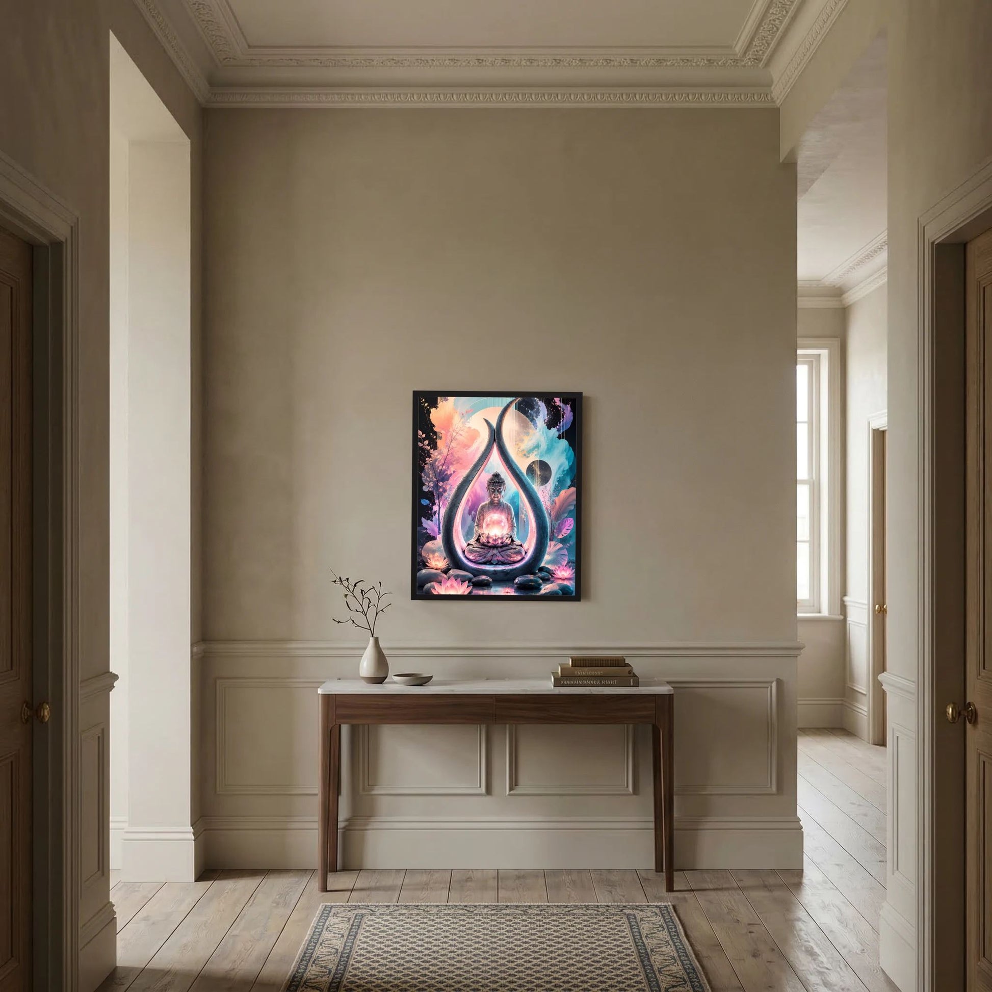 Gerahmtes Poster mit sitzendem Buddha, leuchtendem Lotus und Tropfenornament