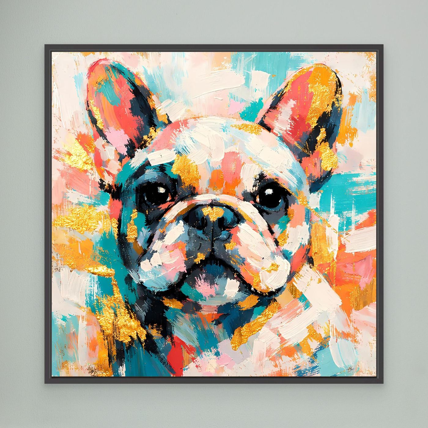 Leinwandbild: abstrakte Französische Bulldogge, bunte Farben, schwarzer Rahmen