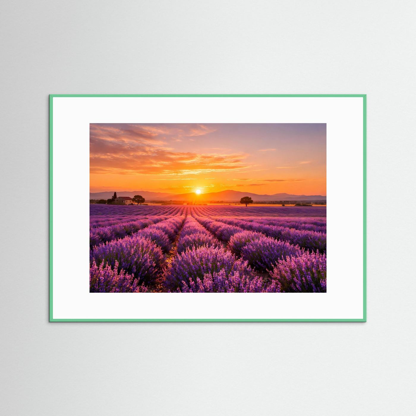 Lavendelfeld-Wandbild mit Sonnenuntergang, grüner Rahmen und hellweißer Umrandung