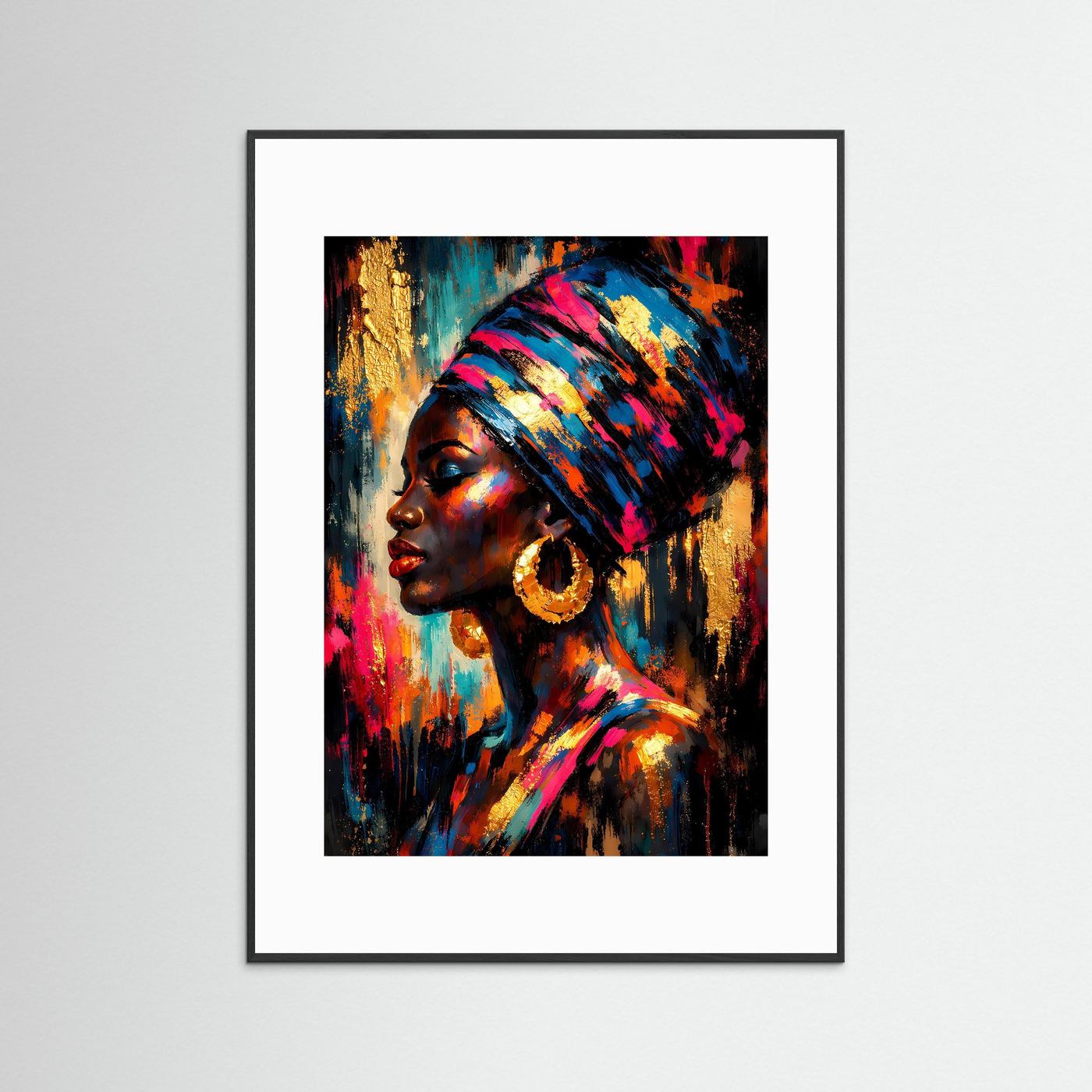 Kunstposter im Hochformat mit Frauenporträt in Blau, Magenta und Gold, im schwarzem Rahmen