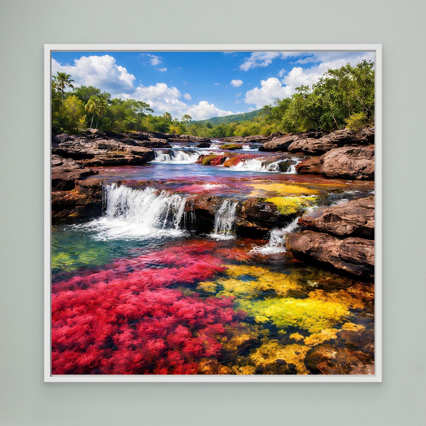 Leinwandbild mit Wasserfällen und Regenbogenfarben, weiß gerahmt