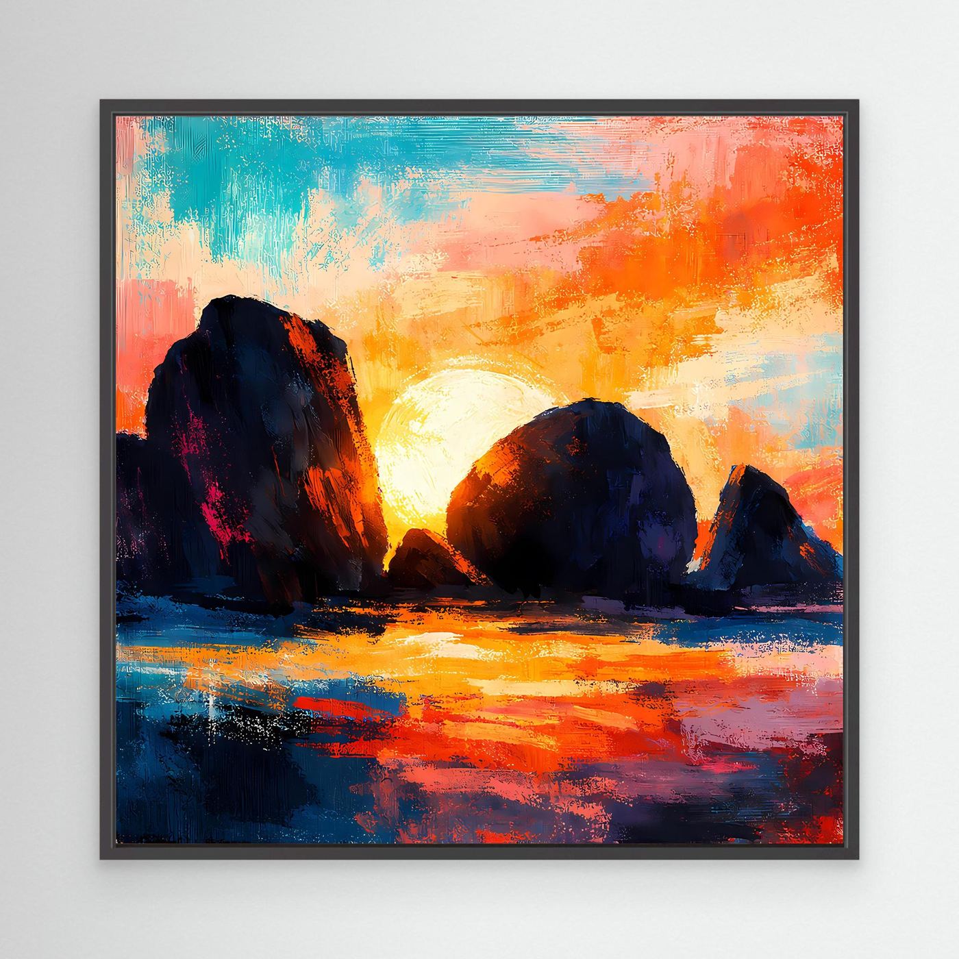 Abstraktes Küsten-Leinwandbild mit schwarzem Rahmen: dunkle Felsen, Sonne und Spiegelung im Meer
