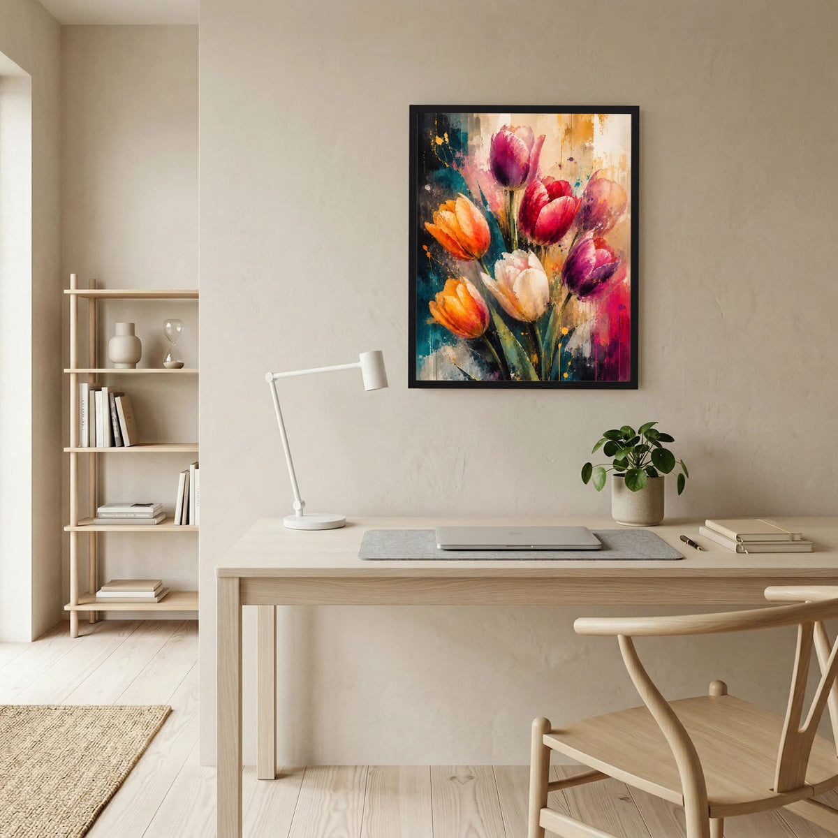 Abstraktes Tulpen-Kunstposter mit orangefarbenen und roten Blüten, schwarzer Rahmen