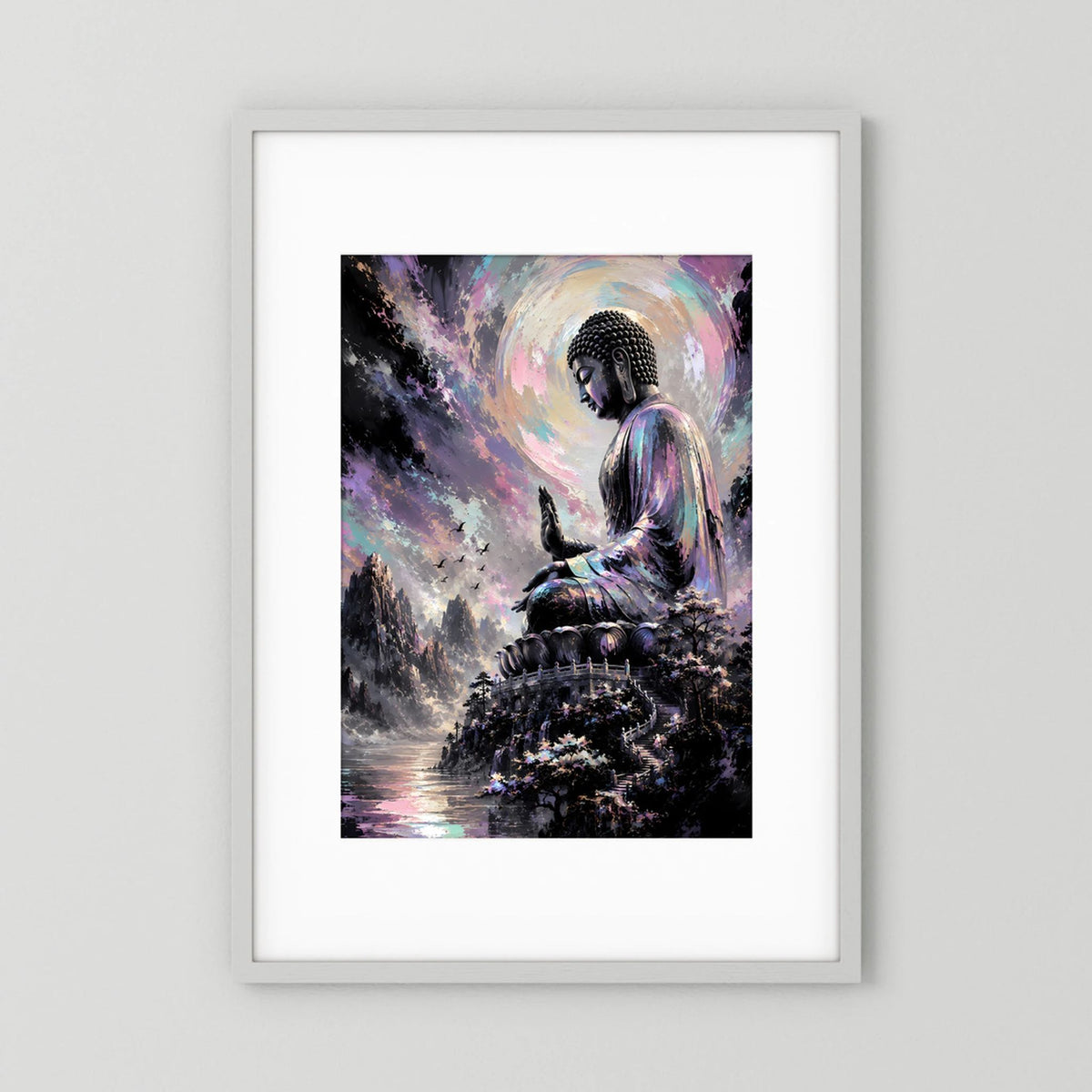 Gerahmtes Kunstposter mit sitzendem Buddha in Pastellfarben und großer Mondlandschaft