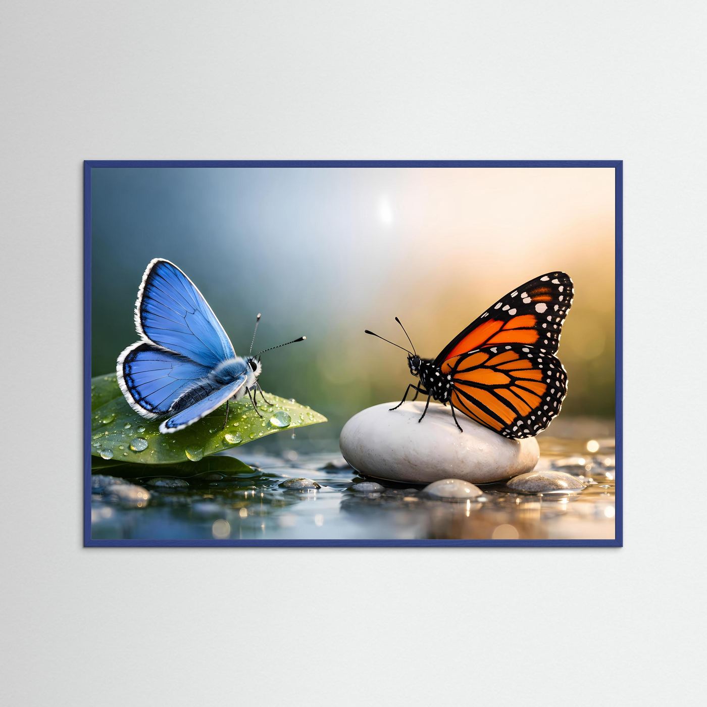 Naturposter Querformat mit blauen und orangefarbenen Schmetterlingen im blauen Rahmen