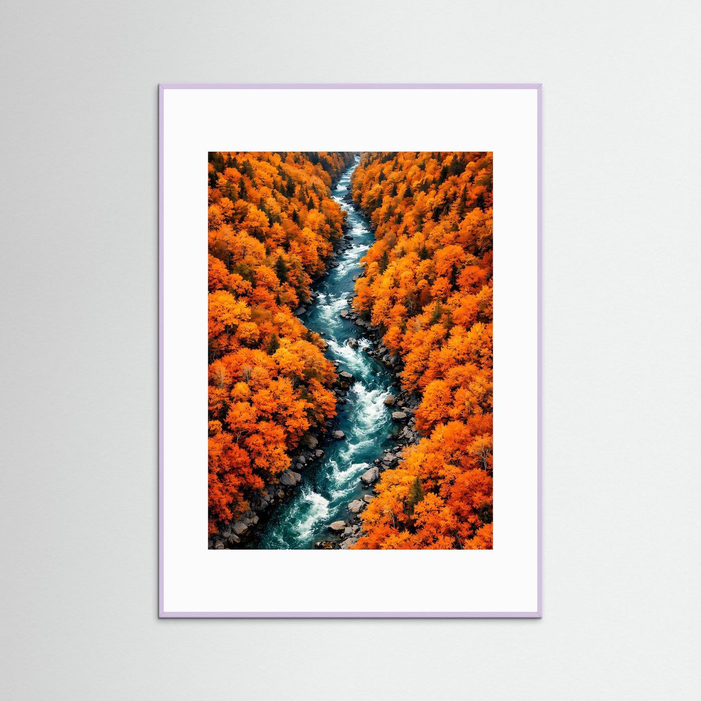 Wandbild Herbstfluss im Herbstwald, orange Laubbäume, lila Rahmen, weißes Passepartout