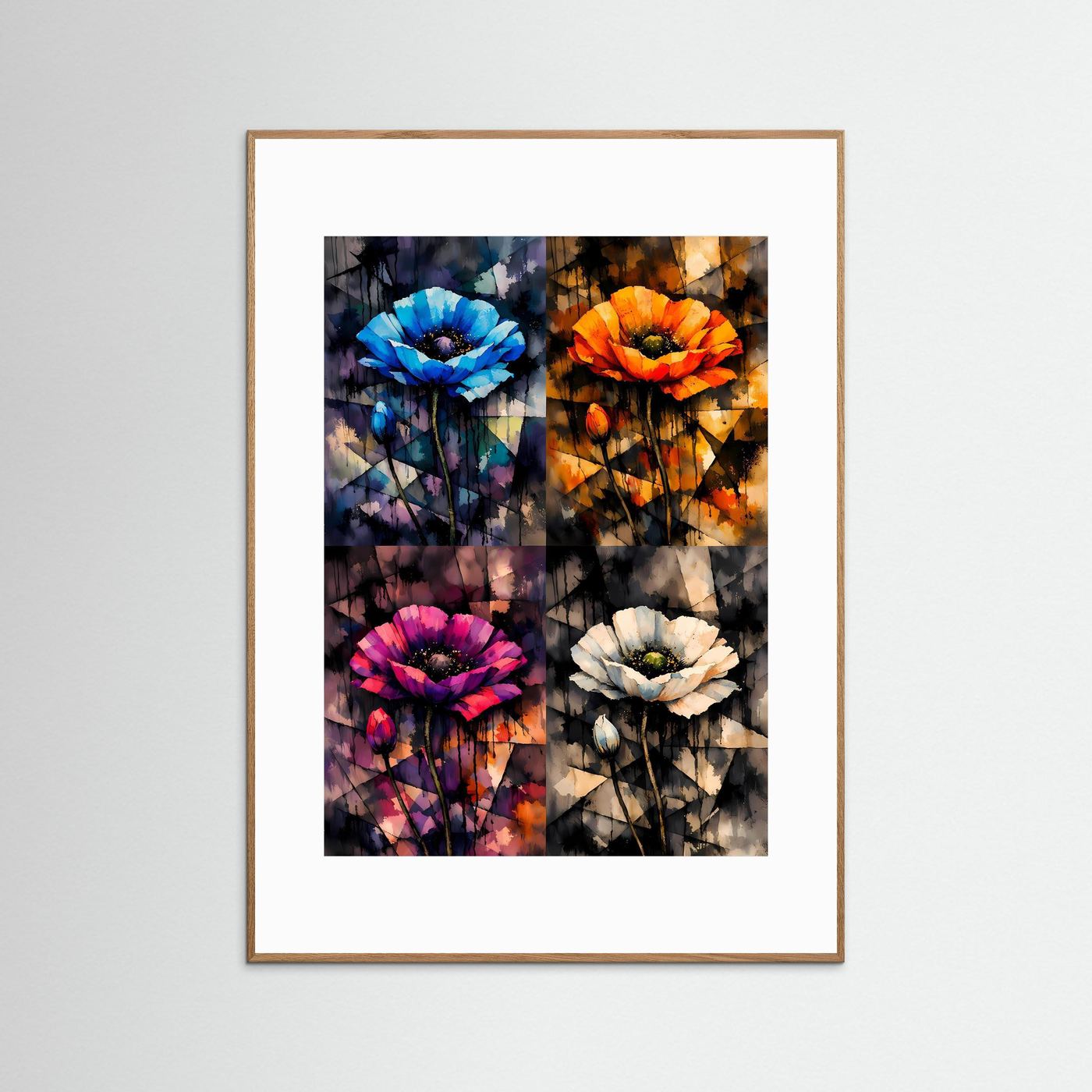 The Pop Art Poppies | Luxuriöses Mohnblumen Poster 4-in-1 Bunt & Dunkel | Abstraktes Blumen Kunstposter Hochformat