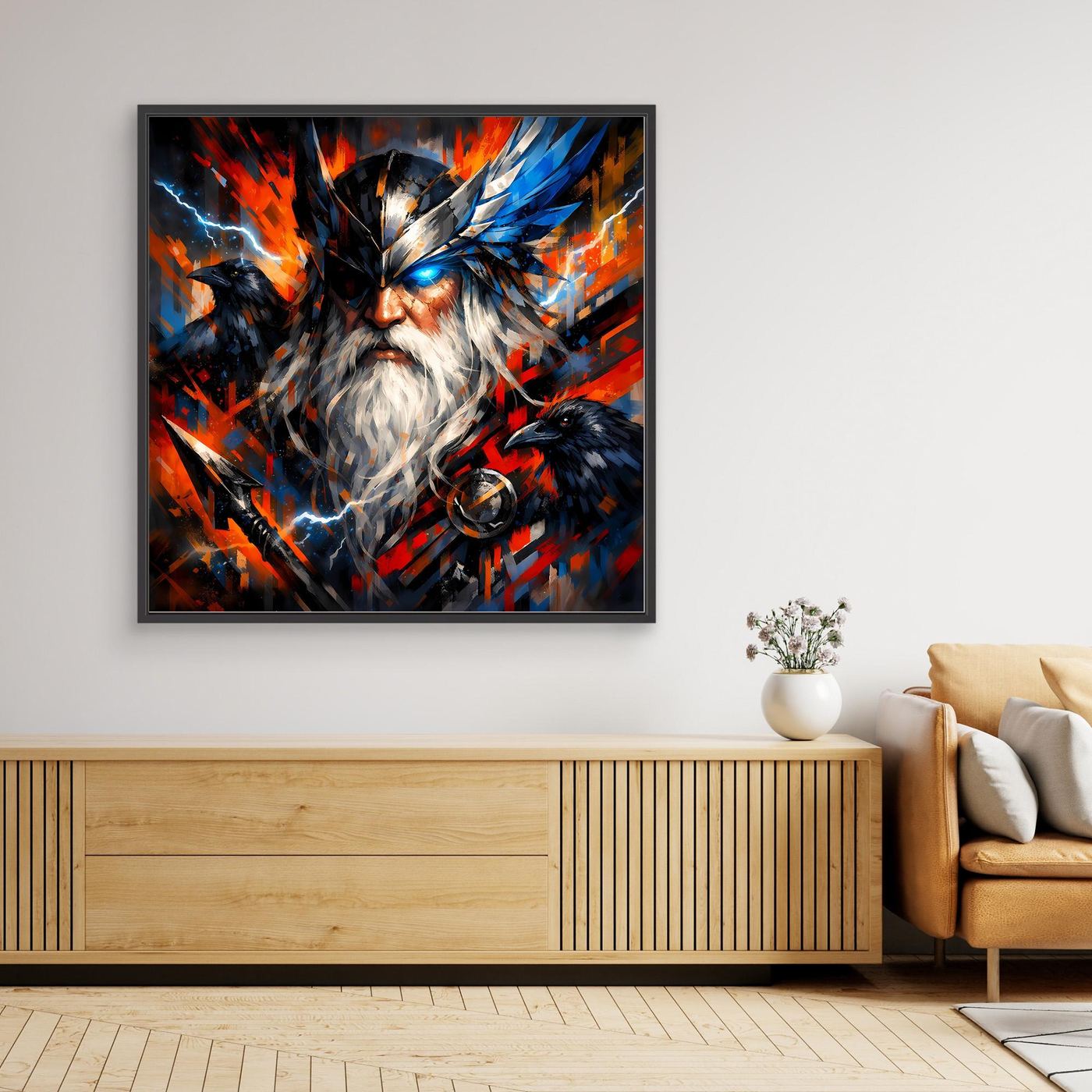 Leinwand Odin der Göttervater mit Raben | Modernes Nordisches Mythologie Wandbild