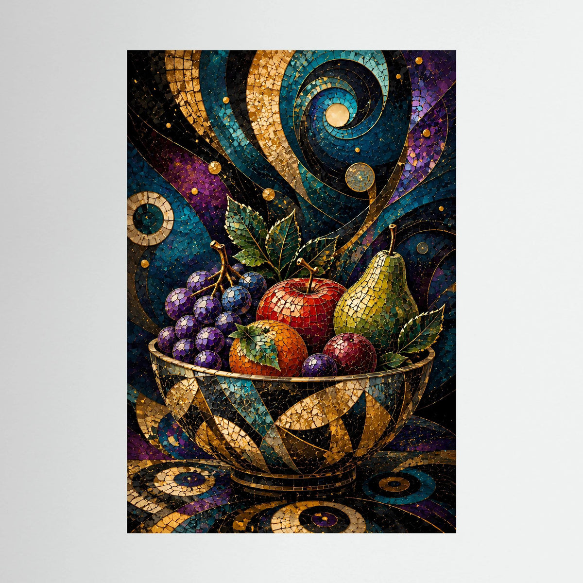 Hochformat-Poster mit Mosaik-Obstschale, goldenen Ornamenten und buntem Früchtebund