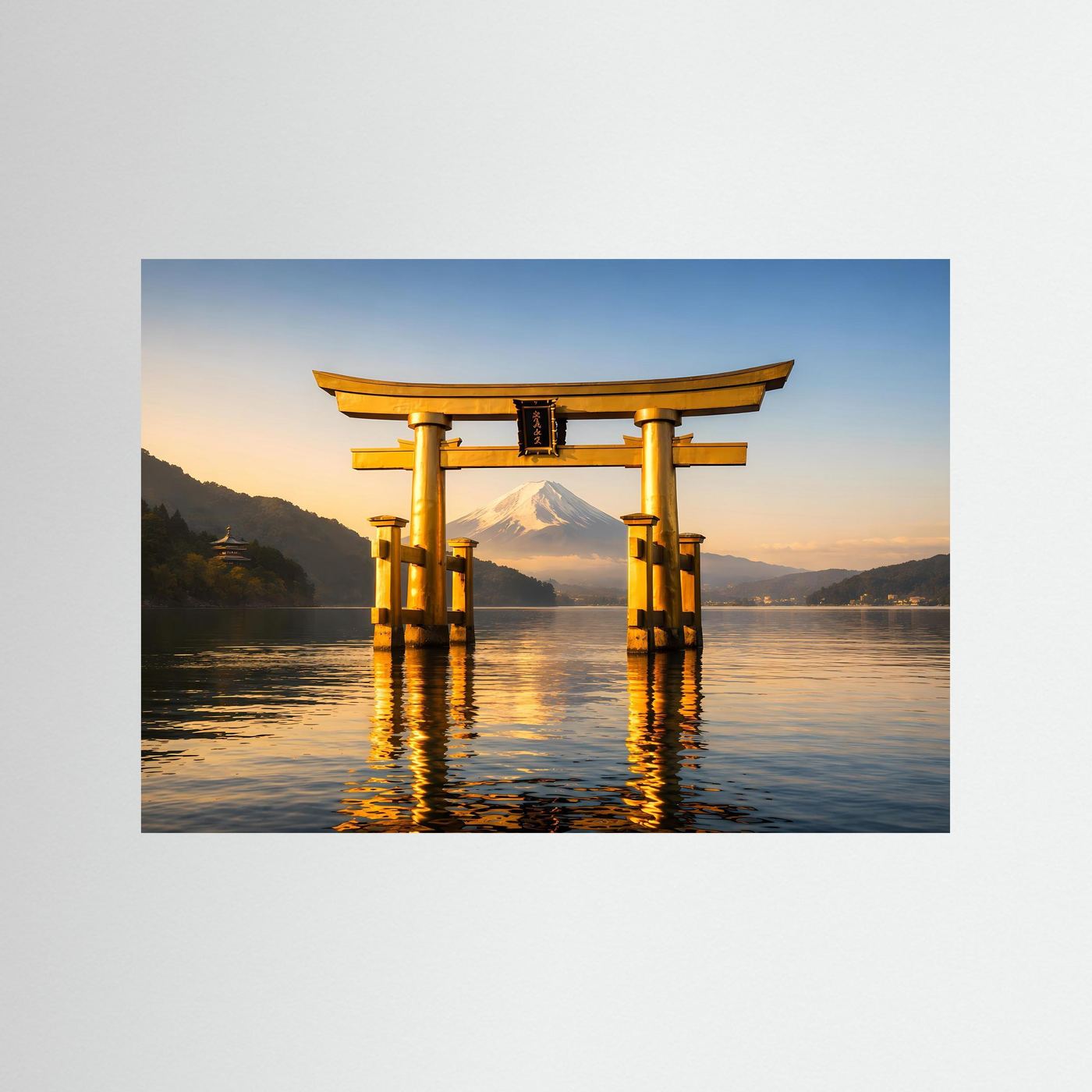 Japan-Wandposter mit goldenem Torii-Tor, Berg Fuji und Sonnenuntergang