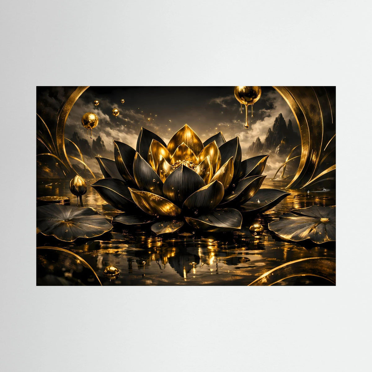 Rechteckiges Poster mit schwarzer Lotusblüte und goldener Wasserreflexion im Querformat