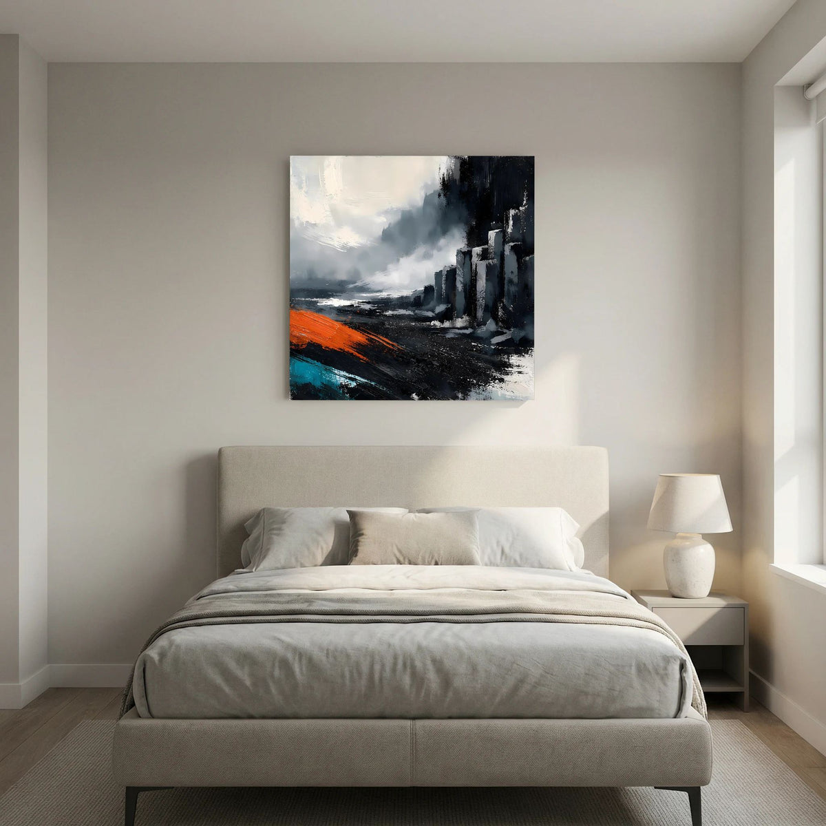Leinwand Abstraktes Basaltsäulen Gemälde | Modernes Isländisches Vulkan Wandbild Schwarz Orange