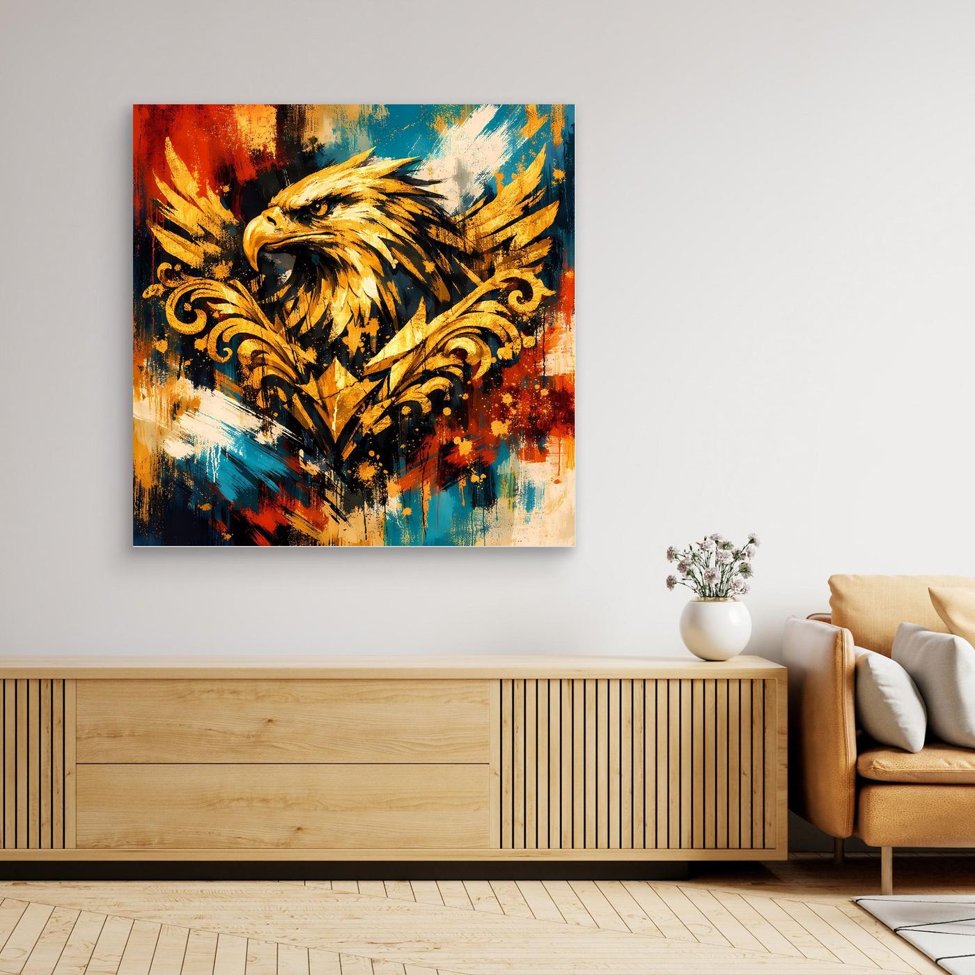 Wandbild mit goldener Adlerillustration, barocke Ornamente, abstraktes Leinwandmotiv, Holzrahmen