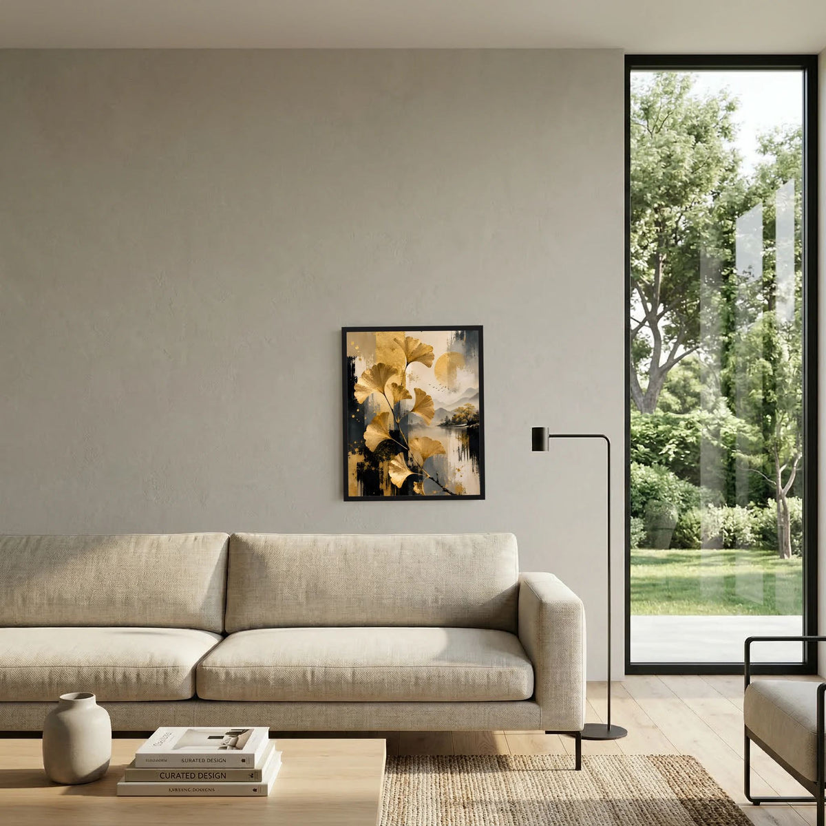Kunstposter mit schwarzem Rahmen und goldenen Ginkgo-Blättern in Beige- und Schwarzoptik