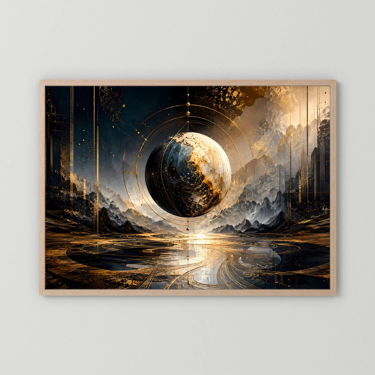 Weltkugel-Poster in Gold und Schwarz, Holzrahmen (hellbraun), rechteckig