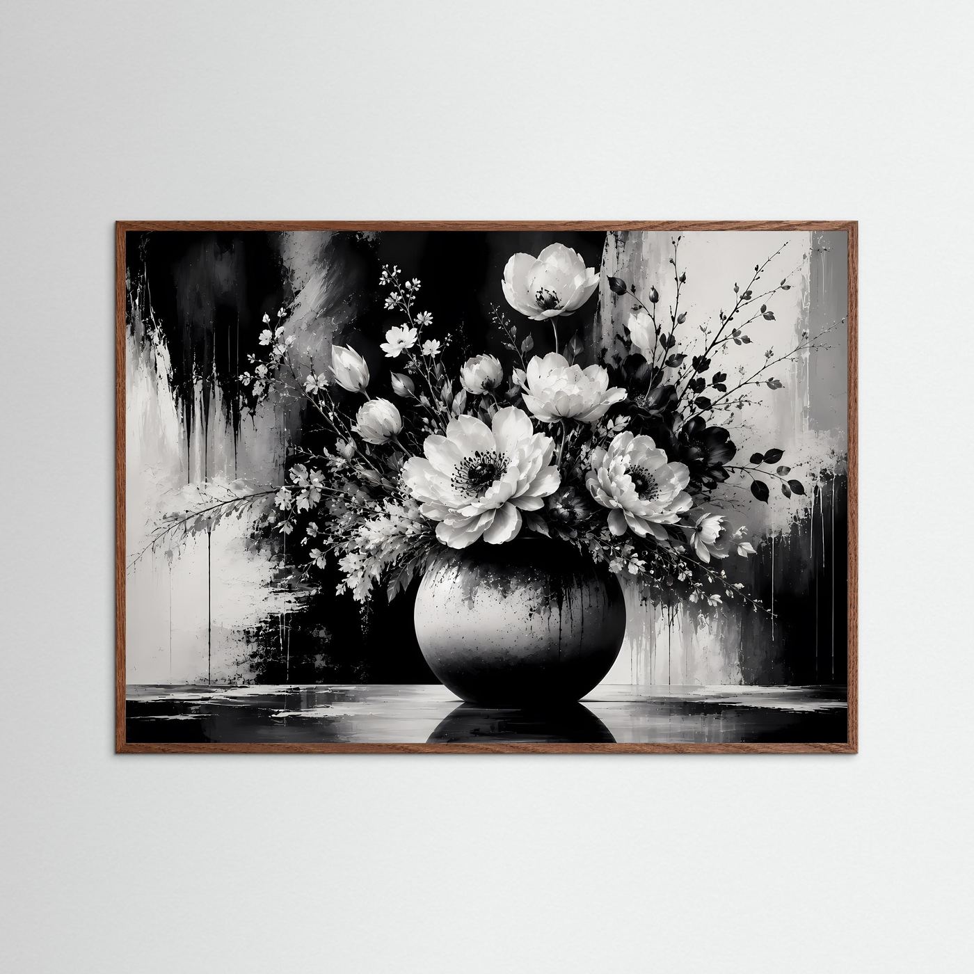 Schwarz Weiß Blumen Poster | Eleganter Blumenstrauß in Vase | Moderne Florale Wandkunst | Monochromes Wandbild