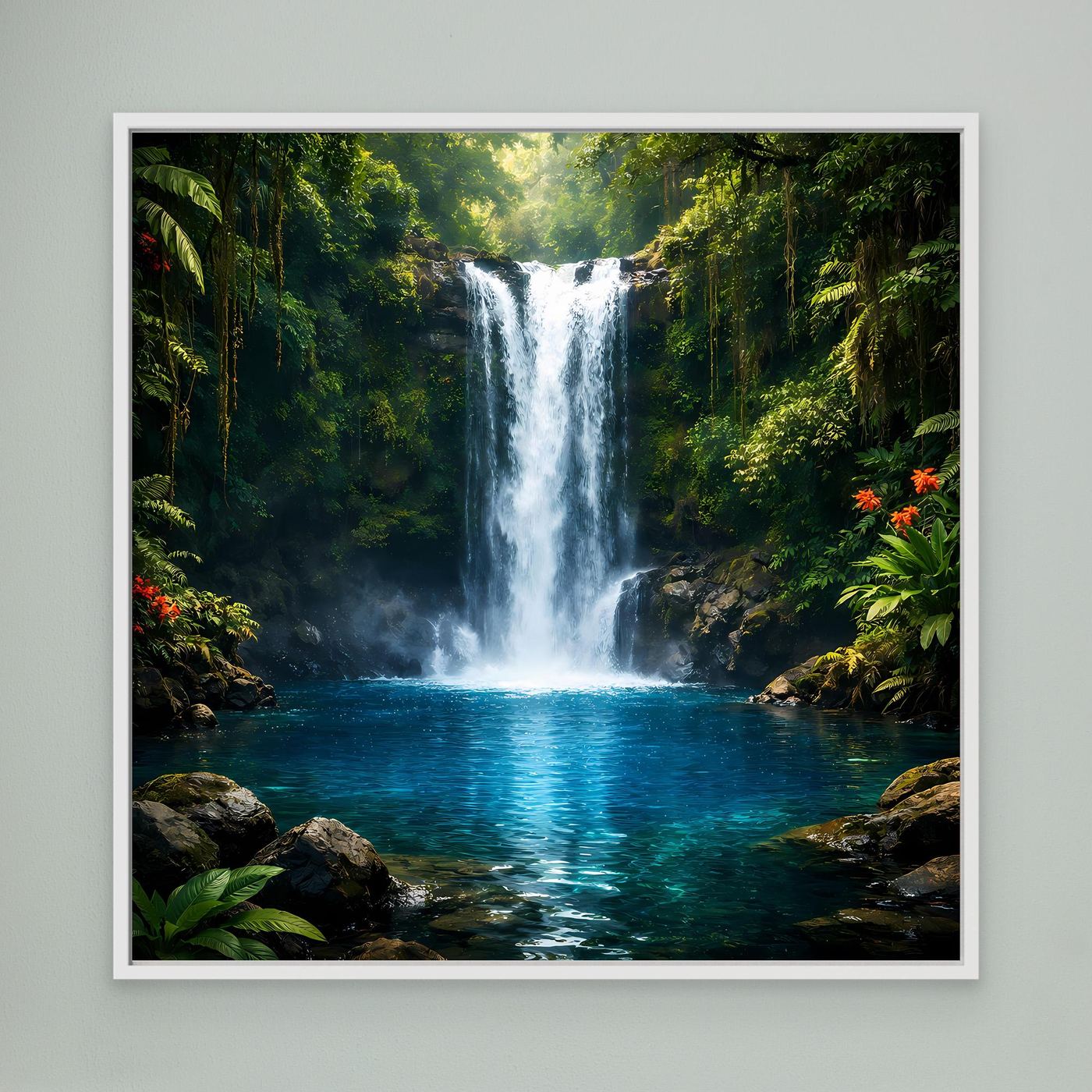 Leinwandbild mit Wasserfall im Dschungel, weiß gerahmt und tropisches Grün-Blau-Motiv