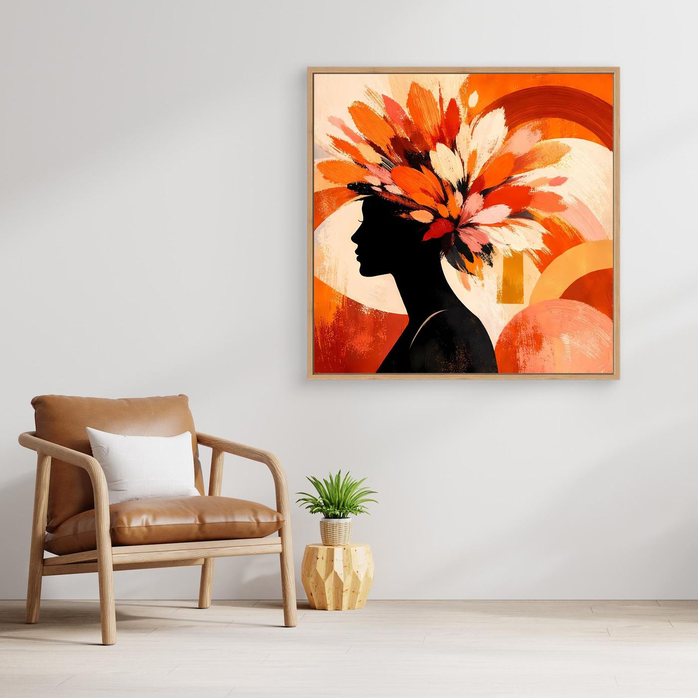 Leinwandbild mit schwarzer Frauen-Silhouette und Blumen in Orange, Weiß und Rot, hell geölt gerahmt