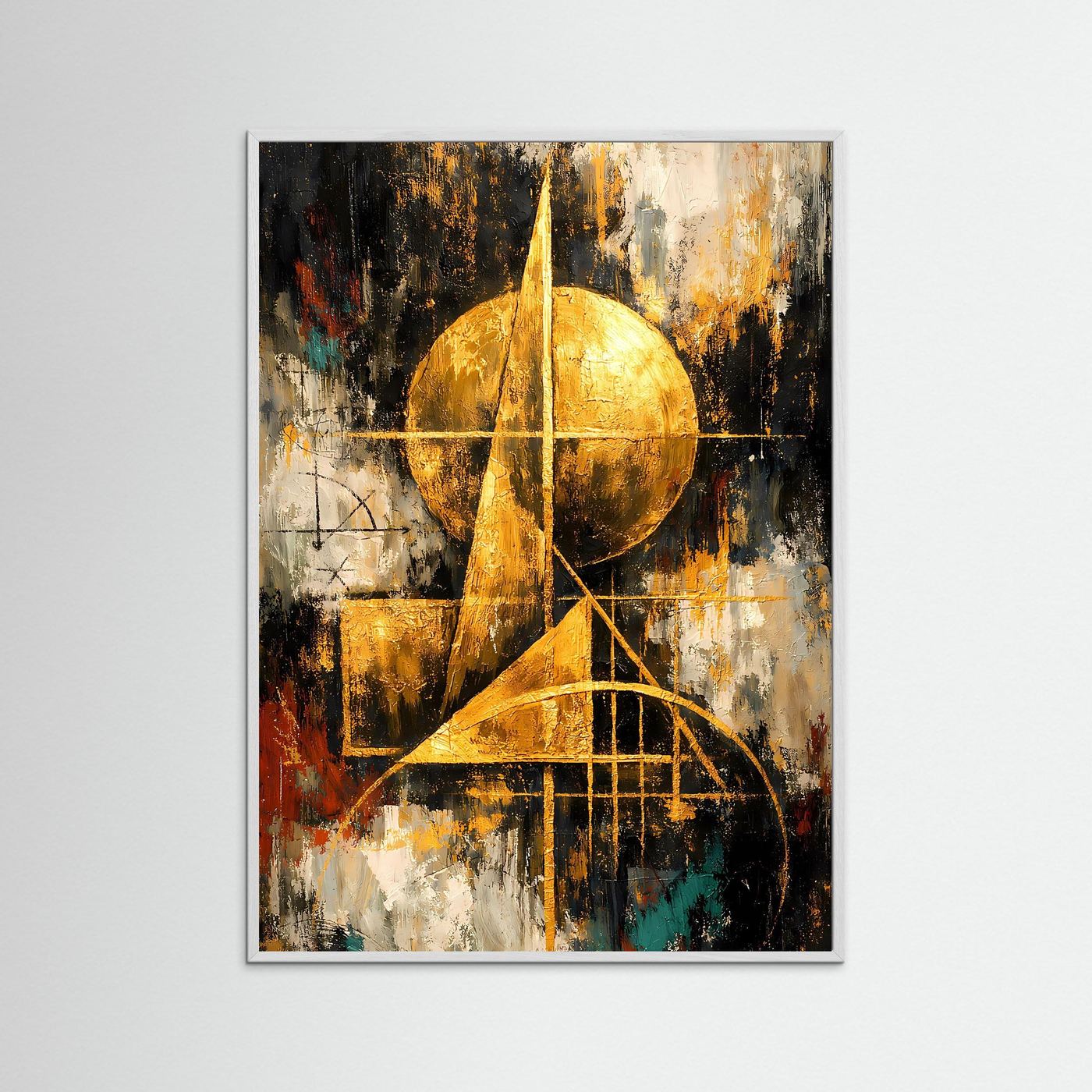 Abstraktes Bauhaus-Poster im weißen Holzrahmen, goldene Kreise und Linien auf Schwarz-Weiß
