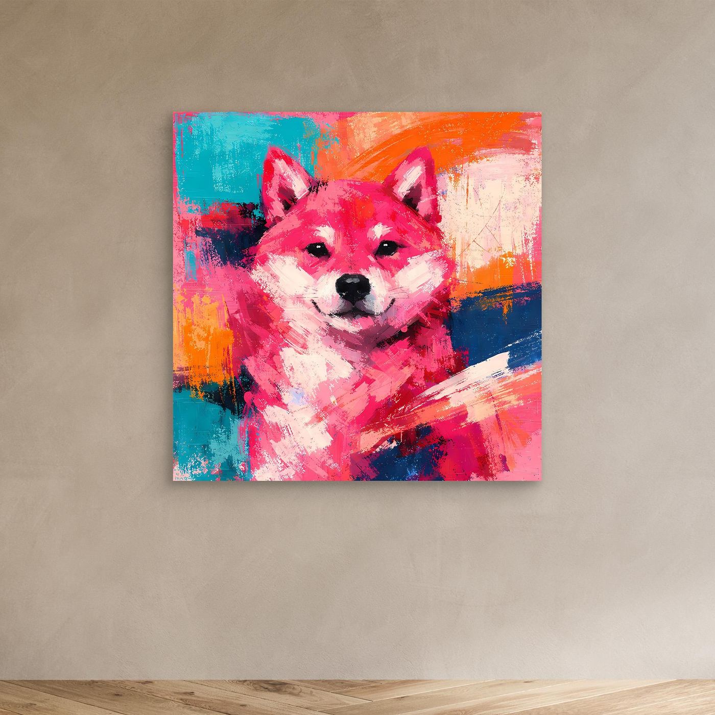 Shiba-Inu-Wandbild auf Leinwand, farbenfrohes Pop-Art-Porträt in Pink, Orange und Blau