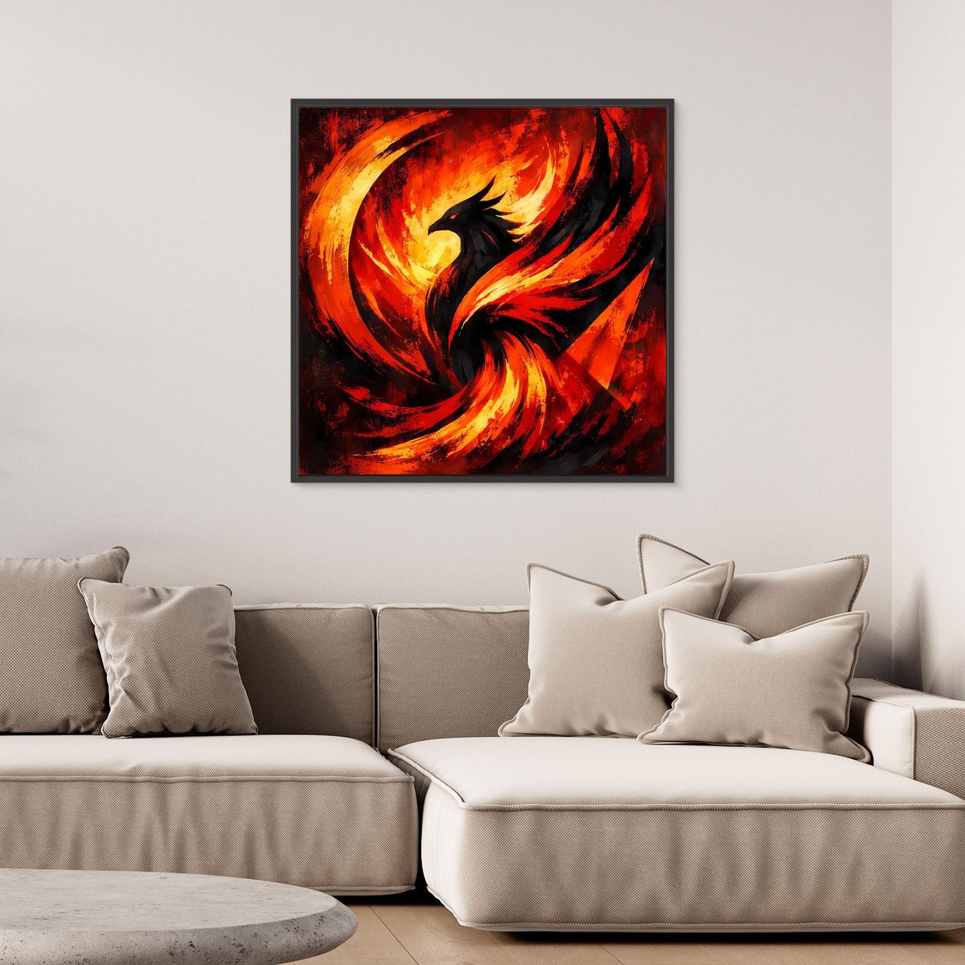 Leinwandbild mit abstraktem Phönix in Flammen, feuerrot und orange, schwarzer Rahmen