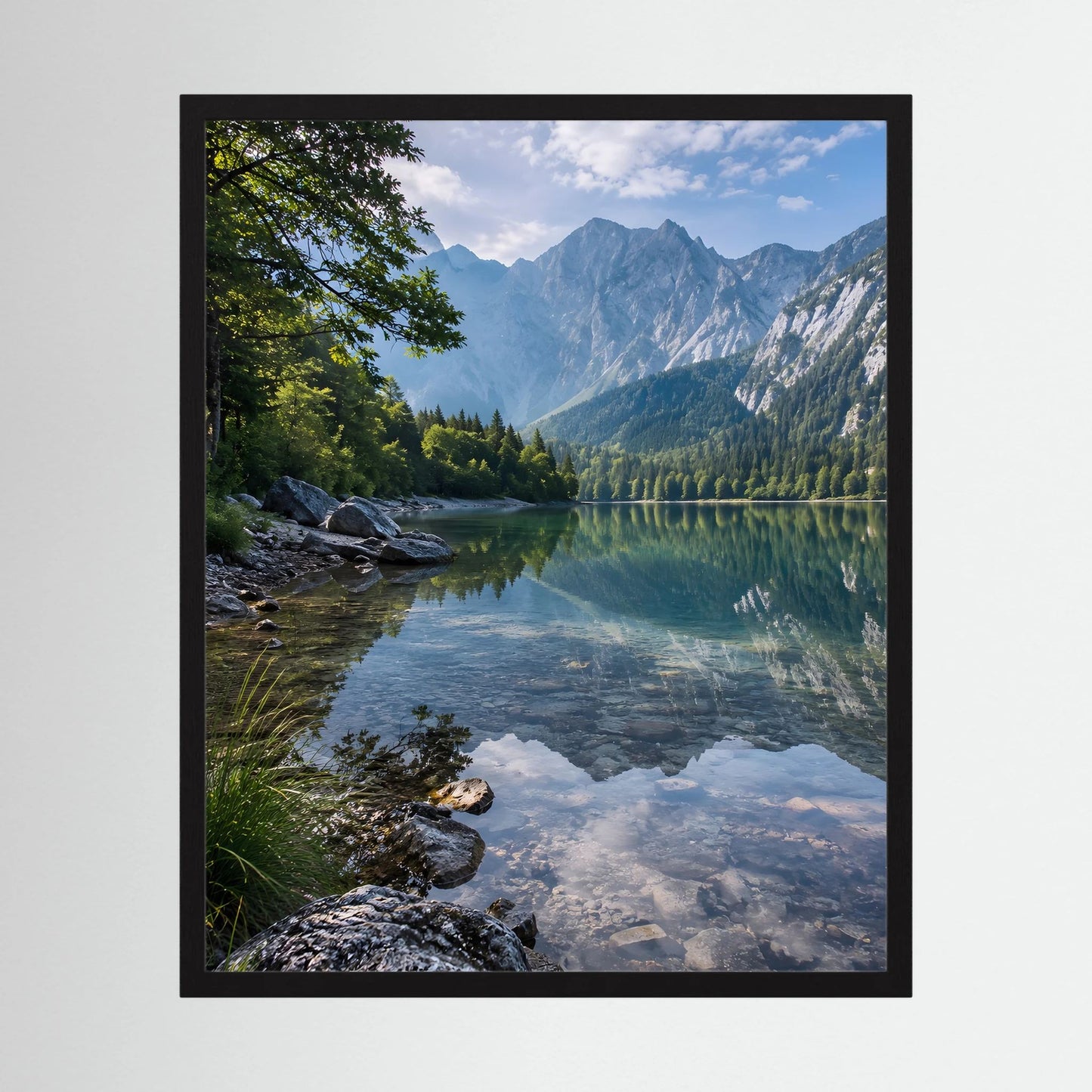 Gerahmtes Landschaftsposter Hochformat mit Bergsee, Bergen, Wald und ruhigem Ufer am Wasser