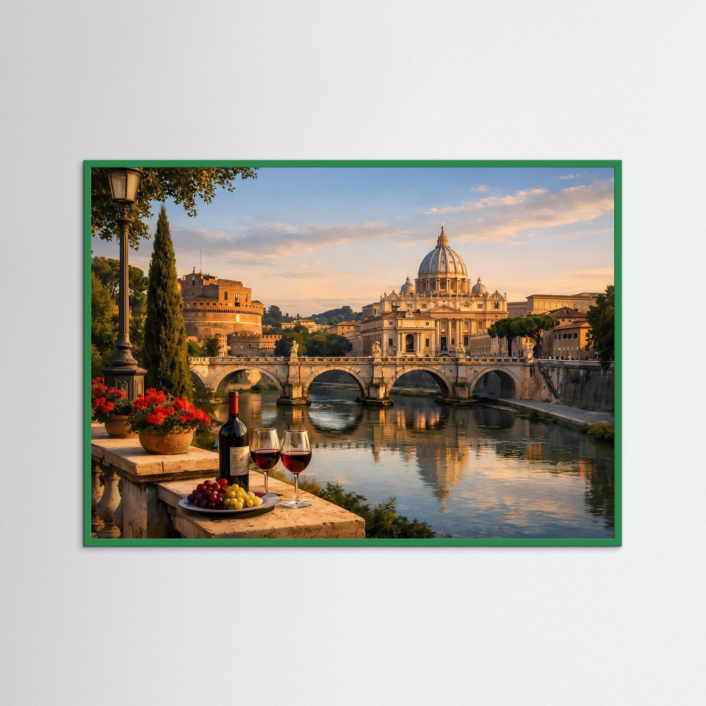 Querformatiges Panorama-Poster mit Flussblick und Petersdom in grünem Rahmen