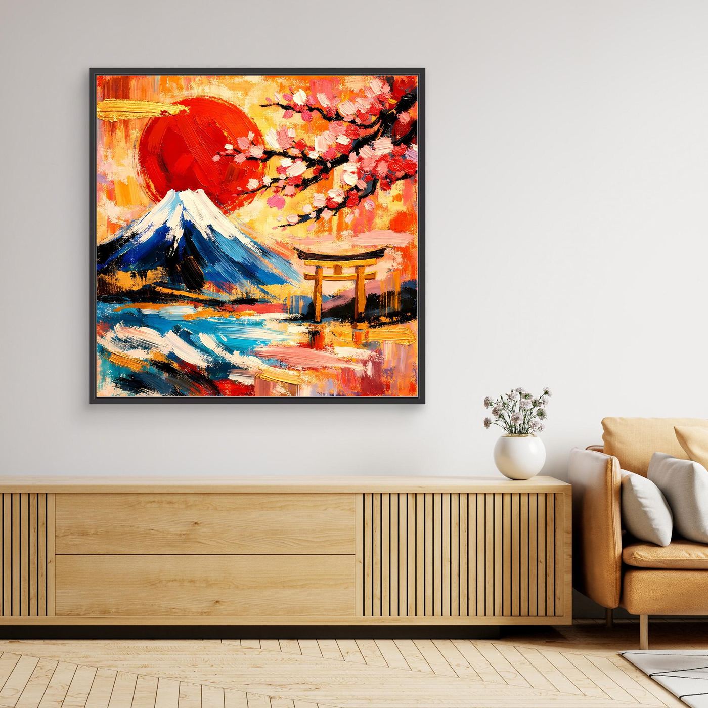 Leinwandbild mit roter Sonne, Fuji und Torii, Kirschblüten, schwarzer Rahmen